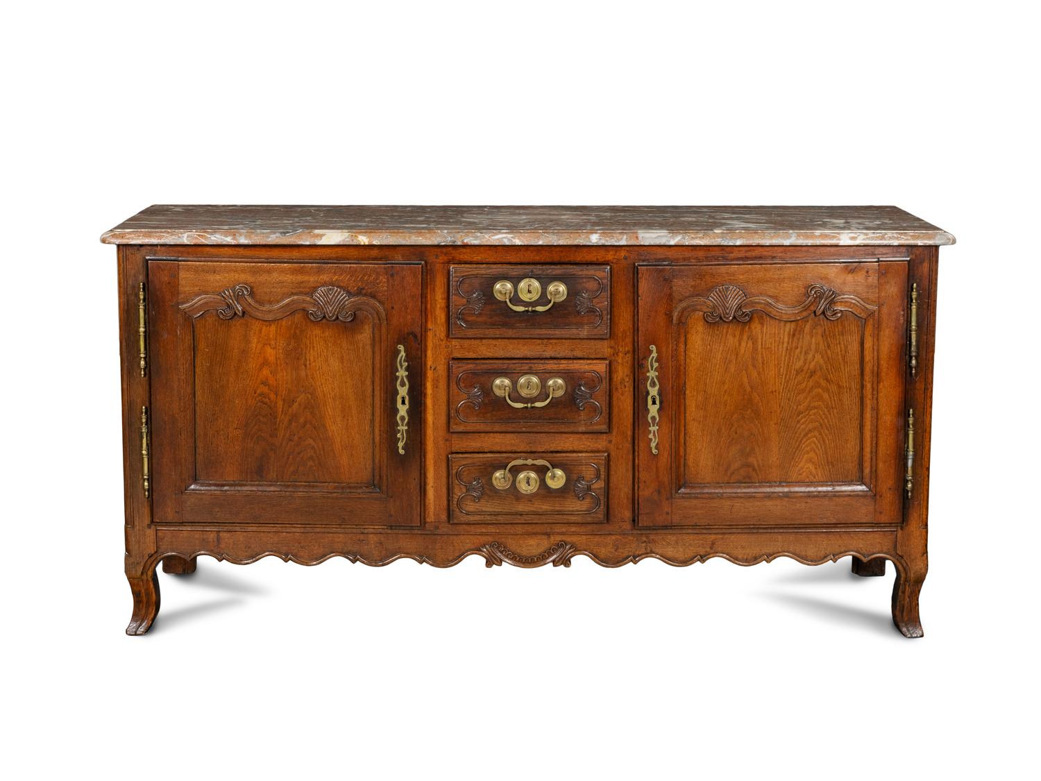 A Louis XV Provincial Carved Oak Marble-Top Console Cabinet