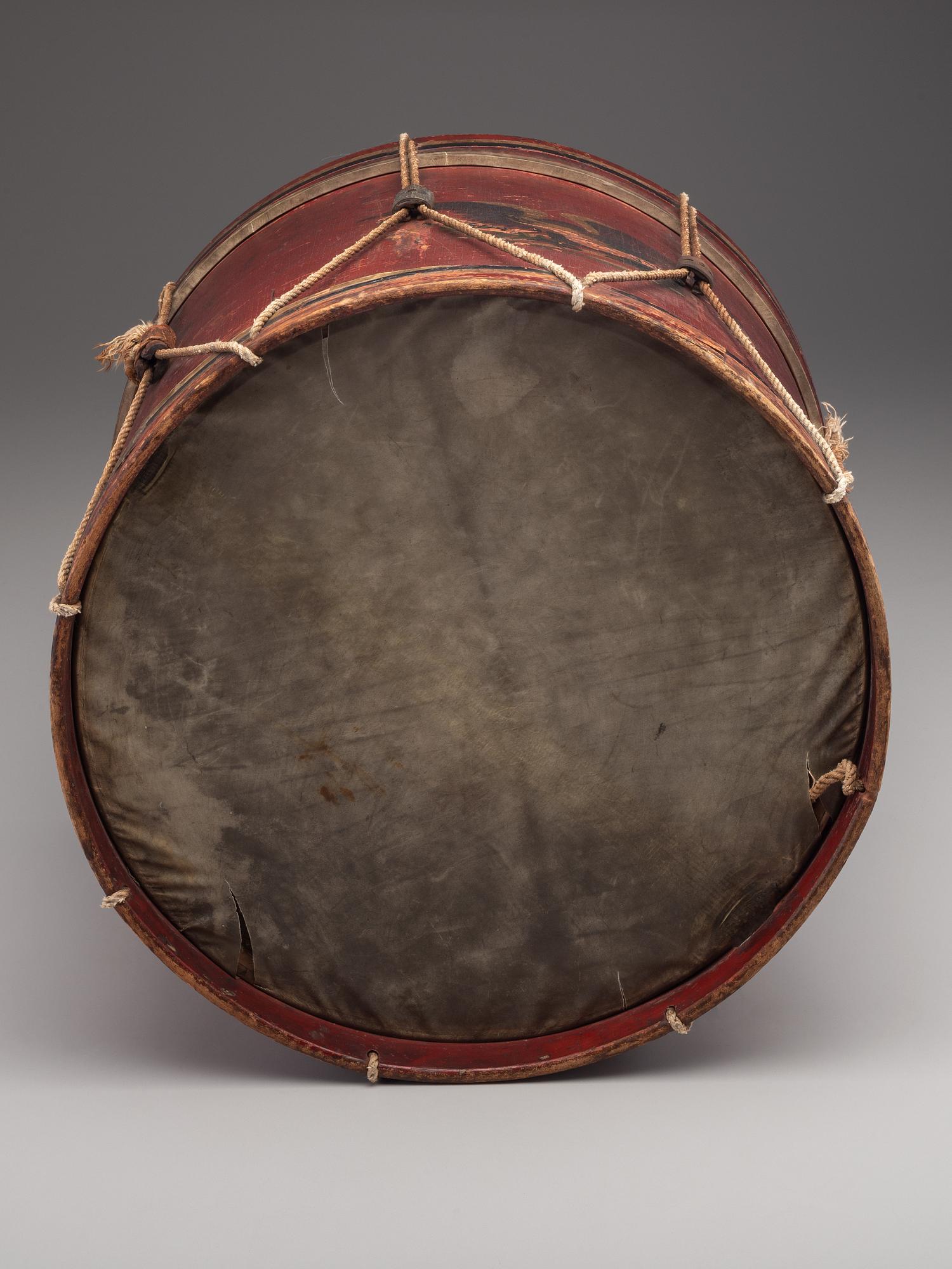 [CIVIL WAR]. E Pluribus Unum red-painted drum featuring eagle motif, with drumsticks.