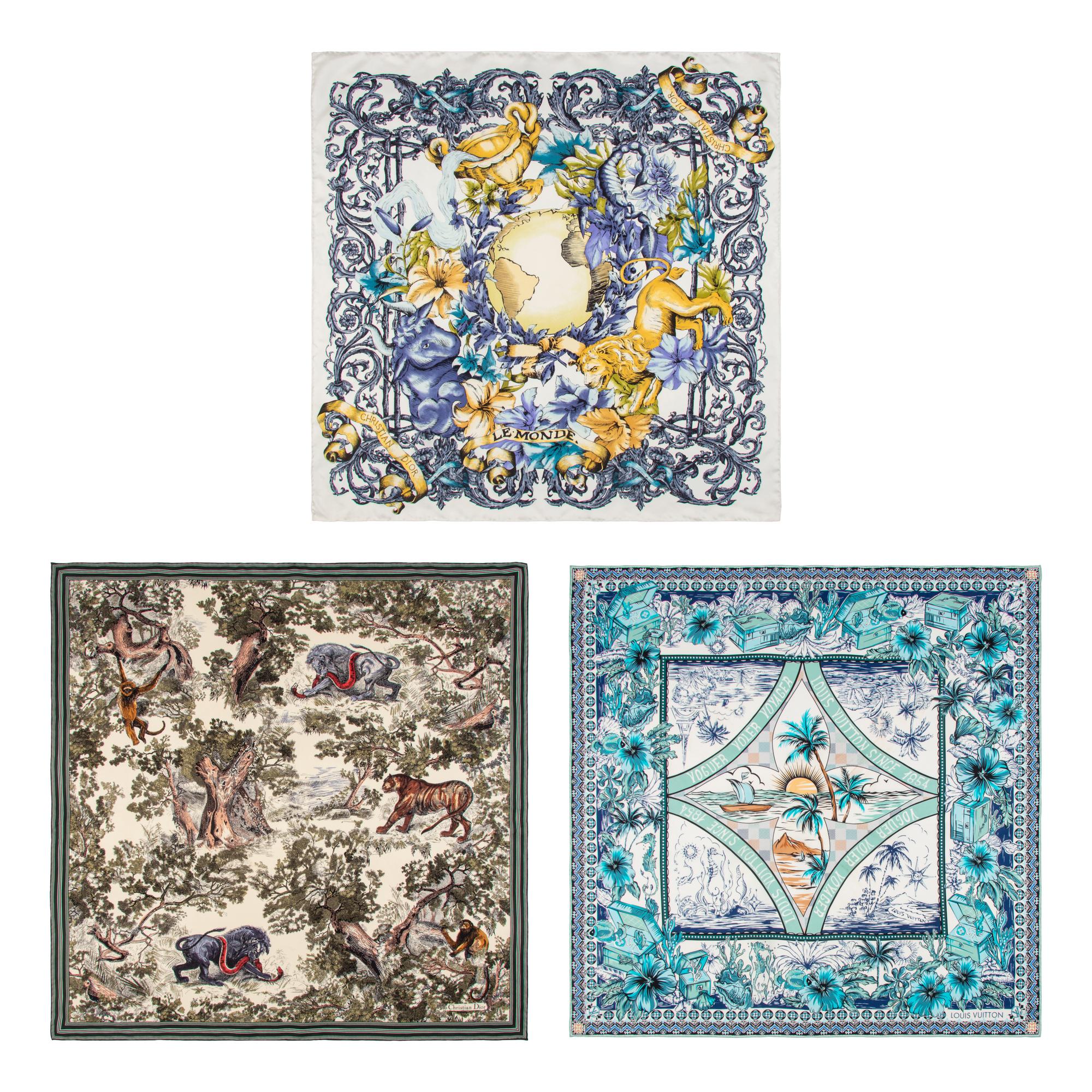 DIOR & LOUIS VUITTON, THREE PRINTED SILK SCARVES