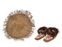 Northern Cree Beaded Hide Moccasins and Quilled Hide Table Mat