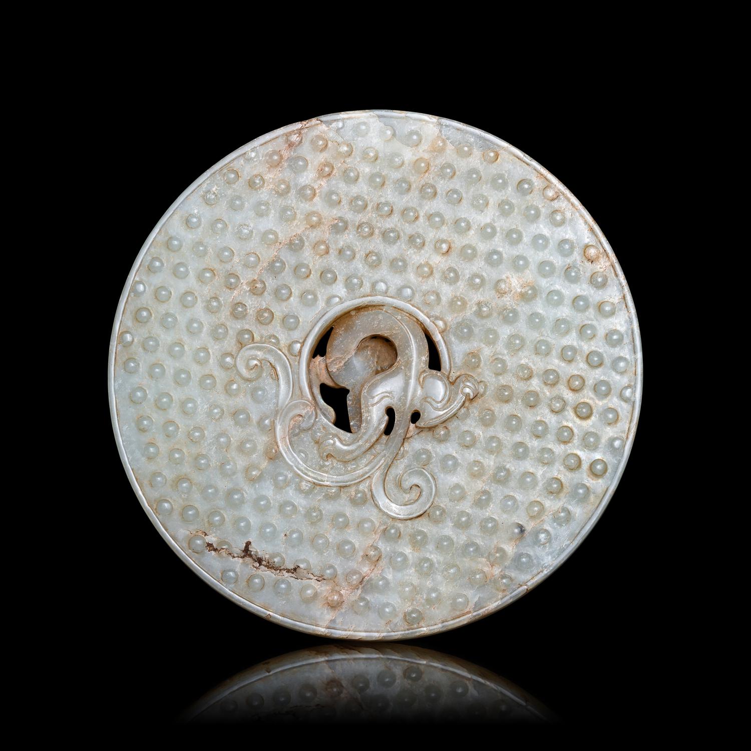 A Chinese Pale Celadon Jade 'Chilong' Bi Disk 青玉螭龍紋璧