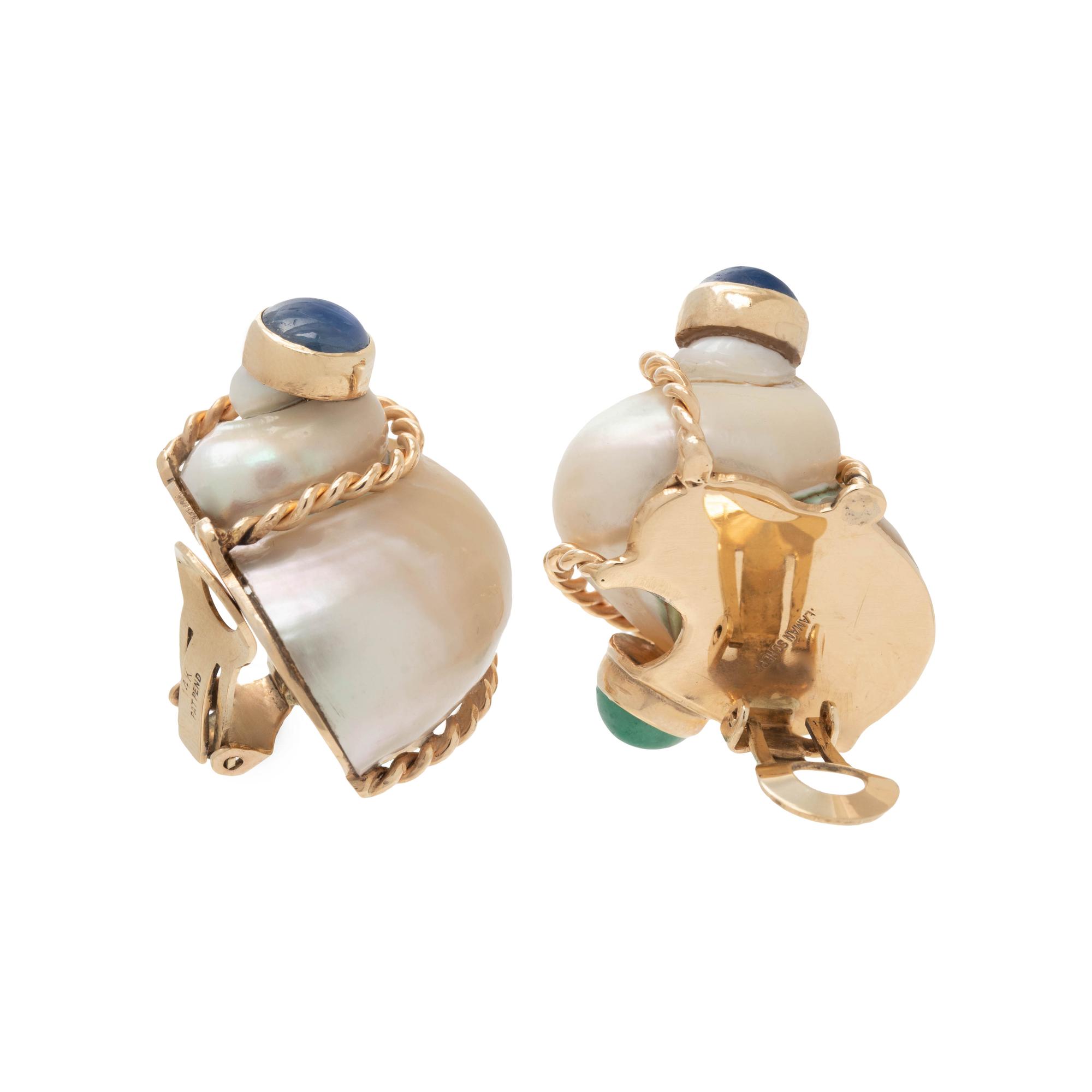 SEAMAN SCHEPPS, EMERALD AND SAPPHIRE SHELL EARCLIPS