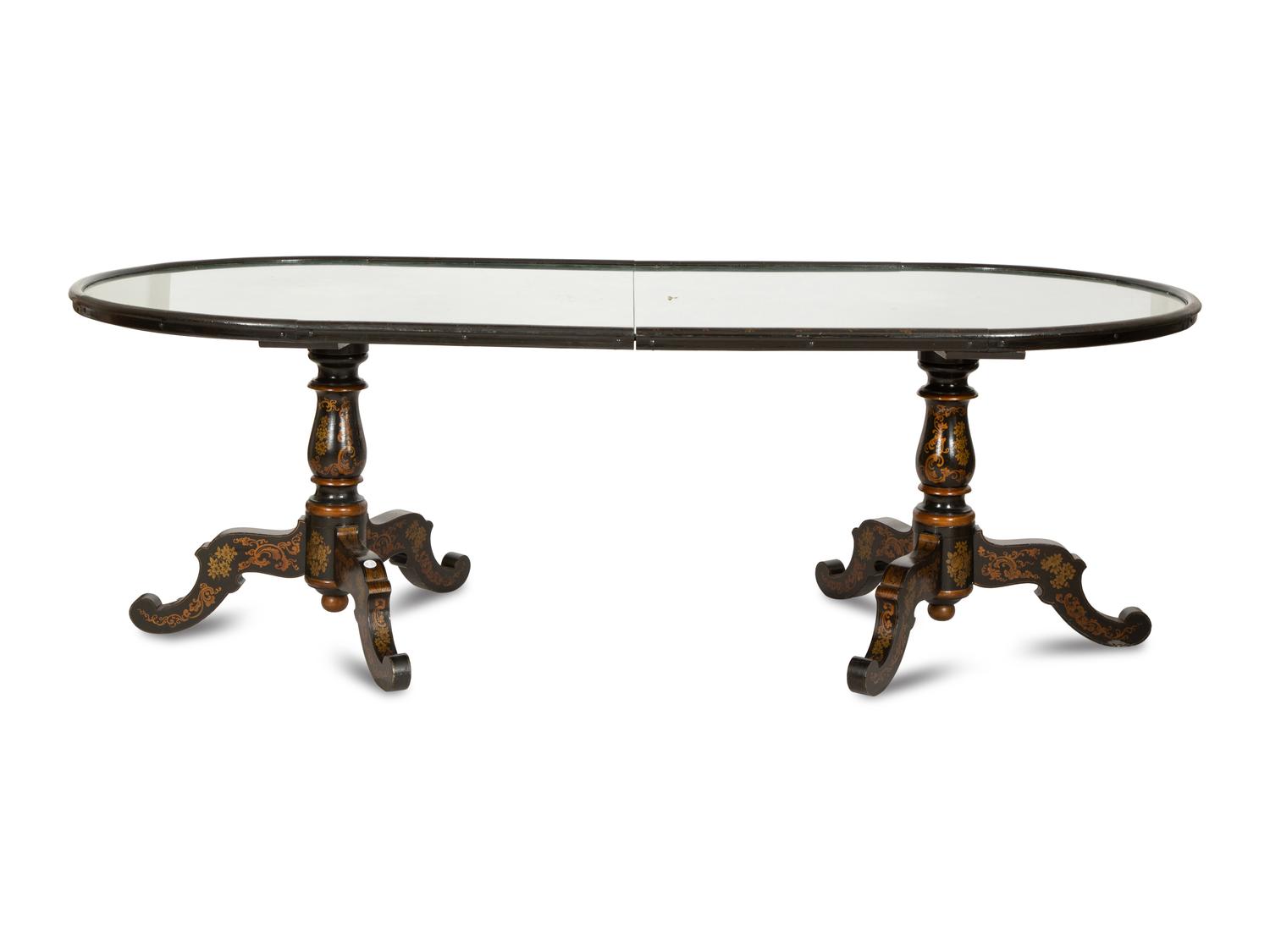 A Maison Jansen Painted and Parcel Gilt Lacquered Double Pedestal Dining Table
