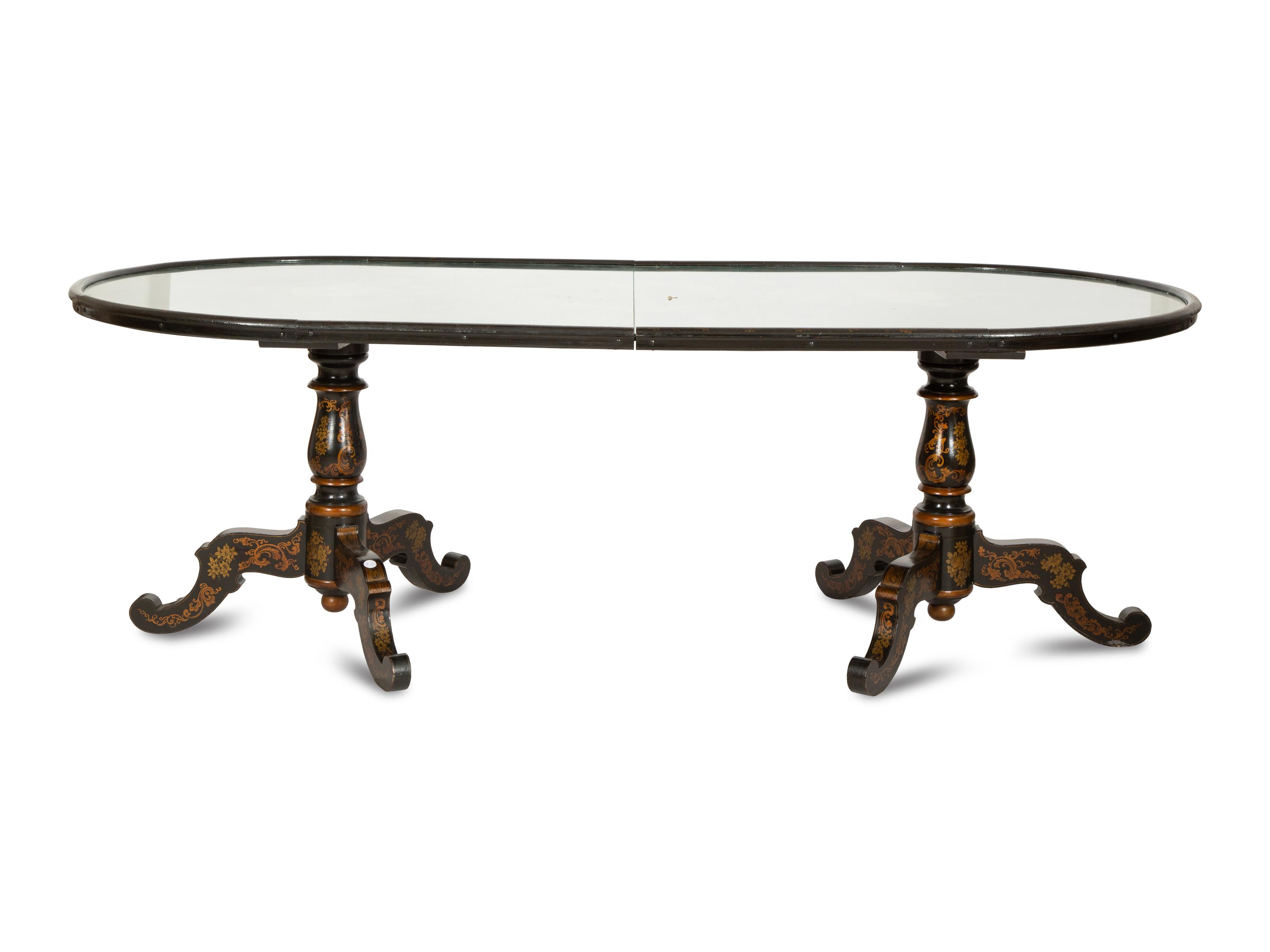A Maison Jansen Painted and Parcel Gilt Lacquered Double Pedestal Dining Table