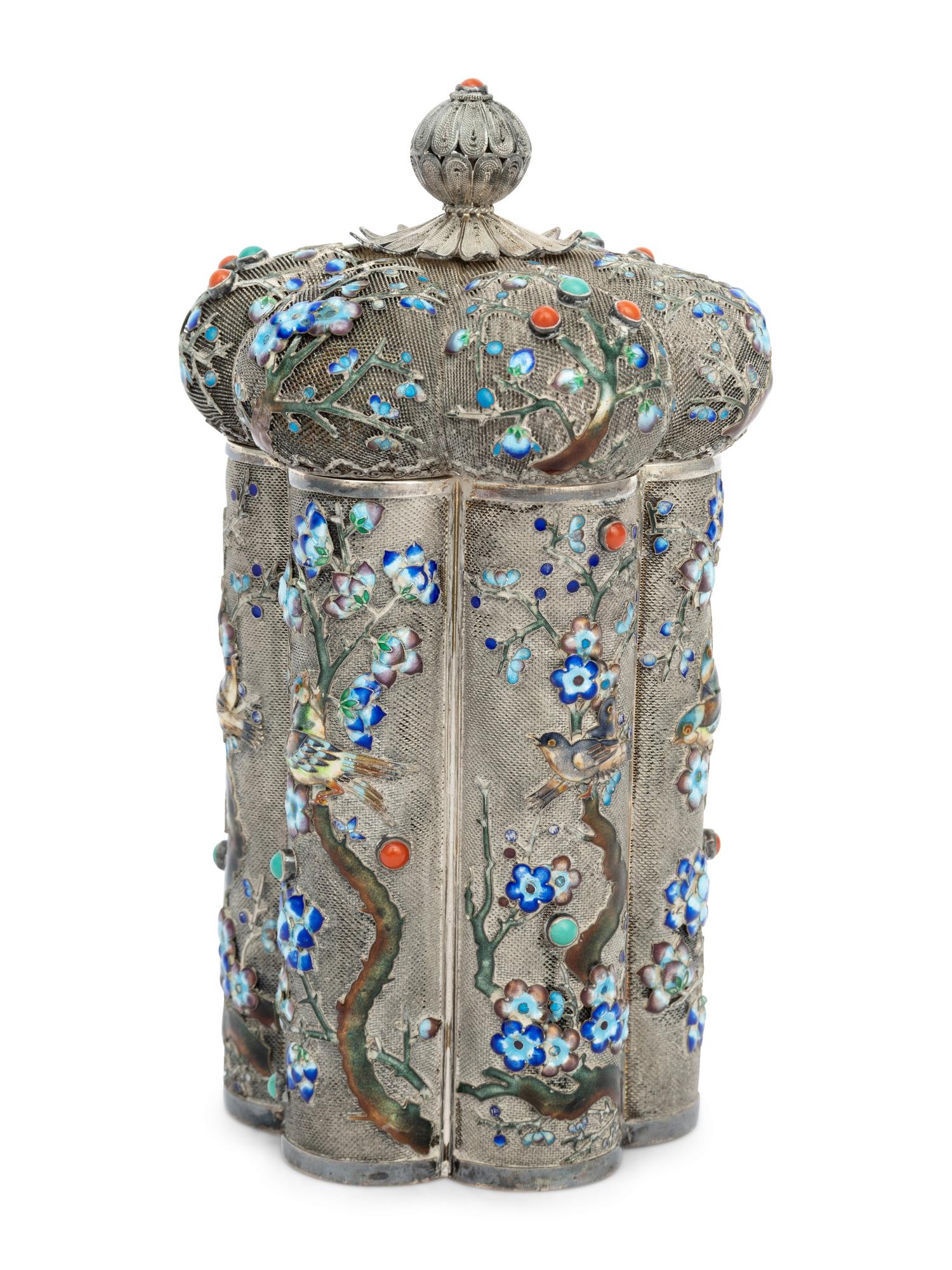 A Chinese Export Enameled Silver Tea Caddy