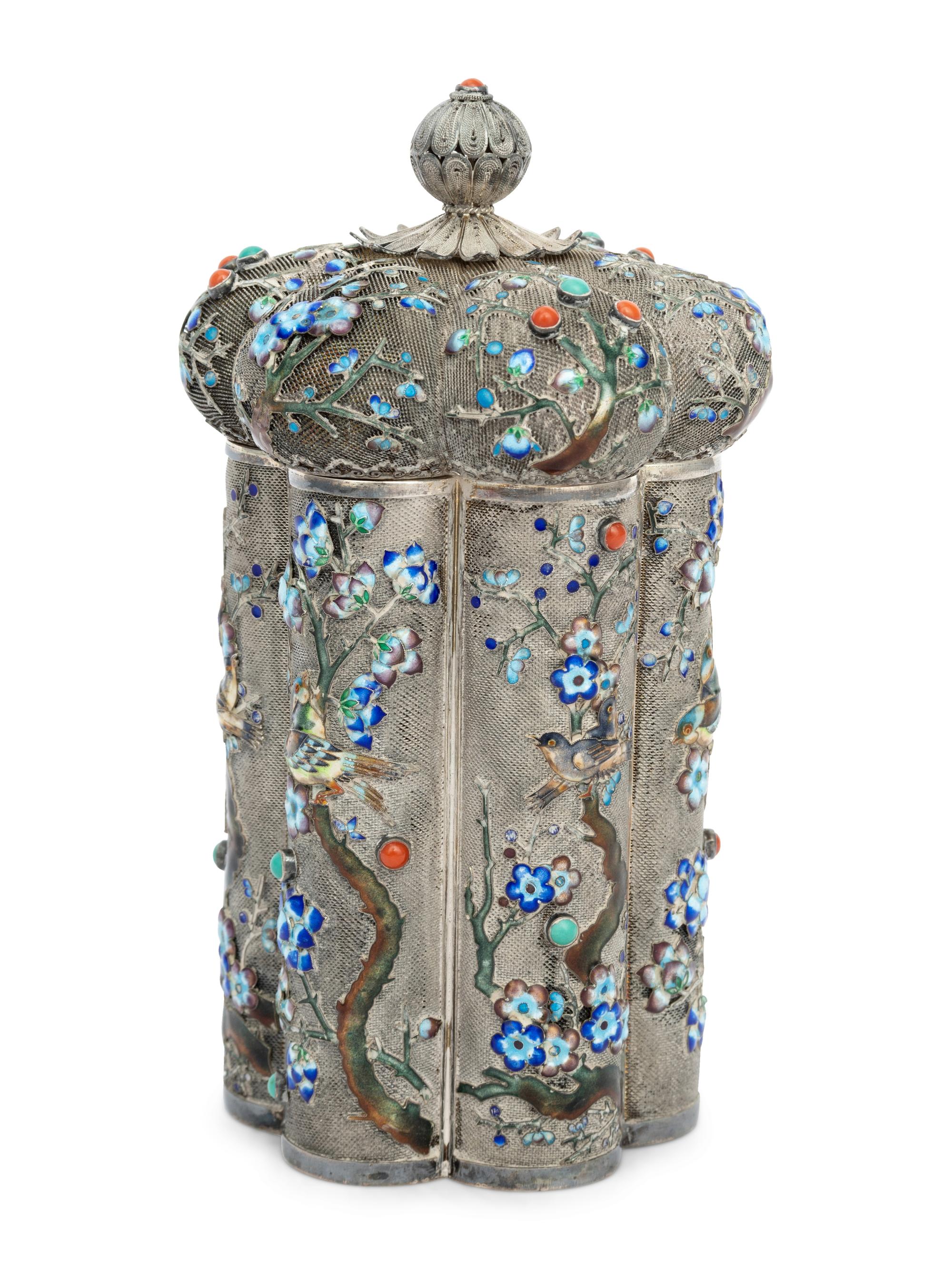 A Chinese Export Enameled Silver Tea Caddy