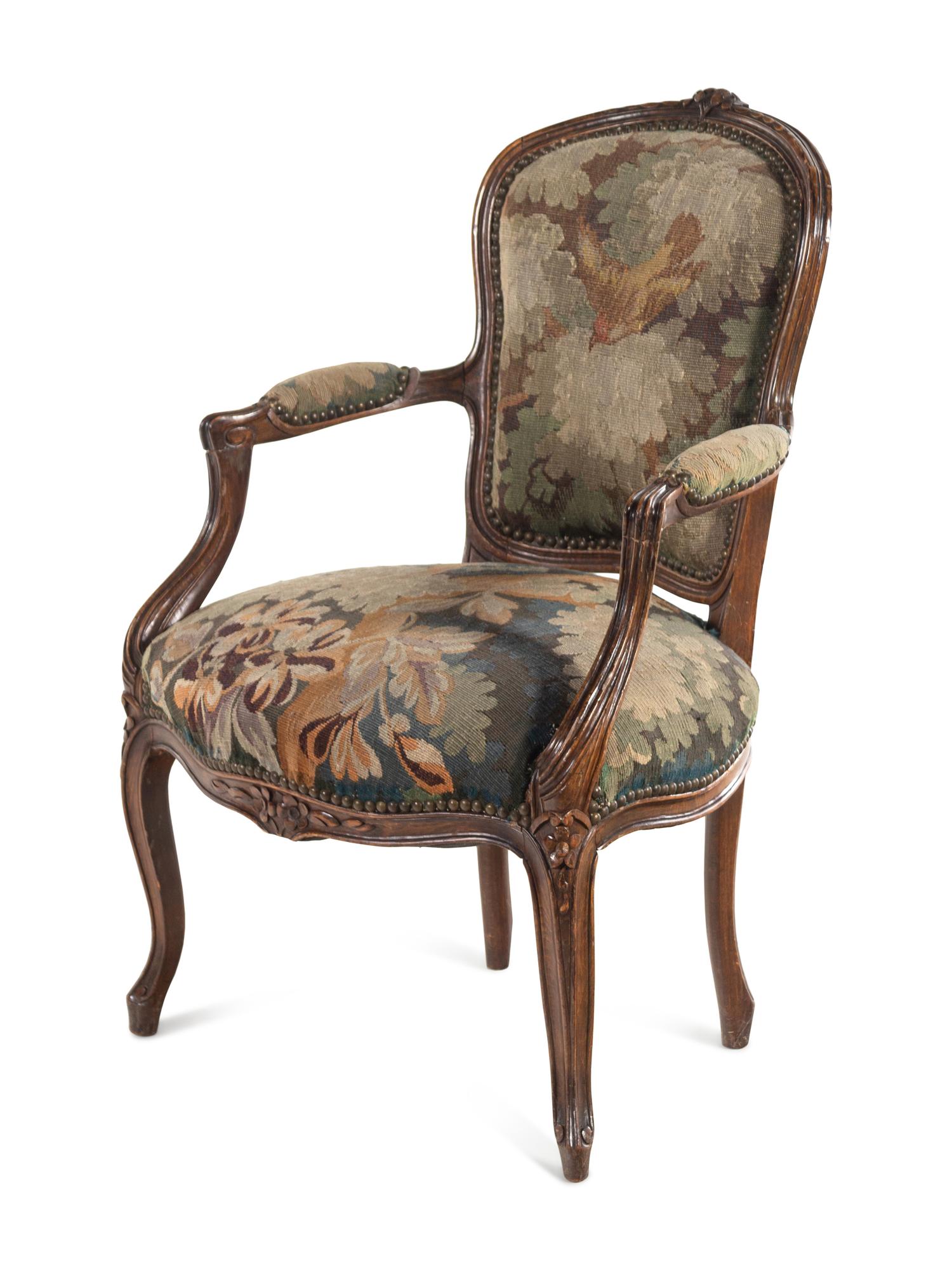 A Louis XV Style Tapestry Upholstered Fruitwood Fauteuil