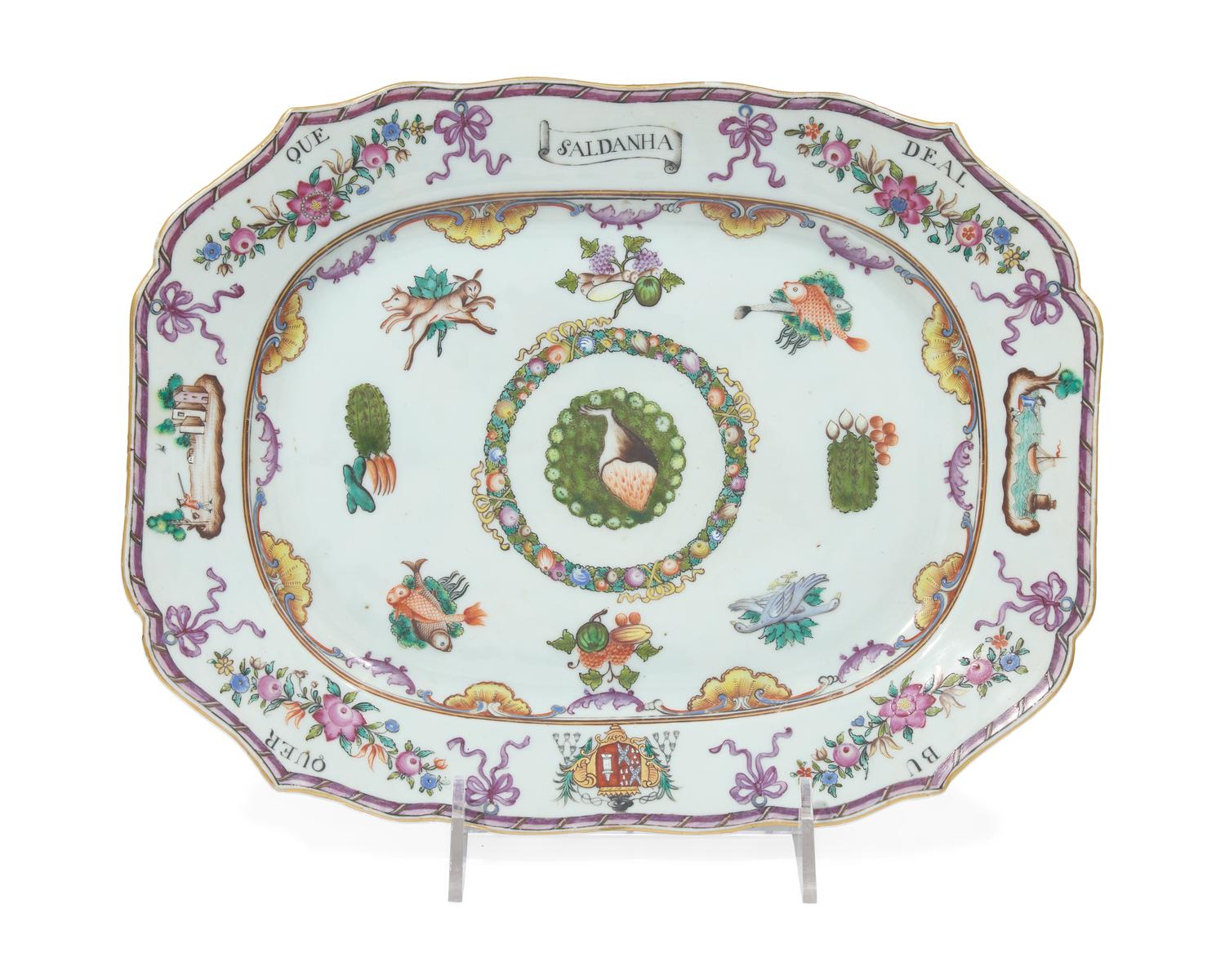 A rare and important group of nine Chinese Export porcelain tablewares from the "Saldanha Dinner Service," late 18th century