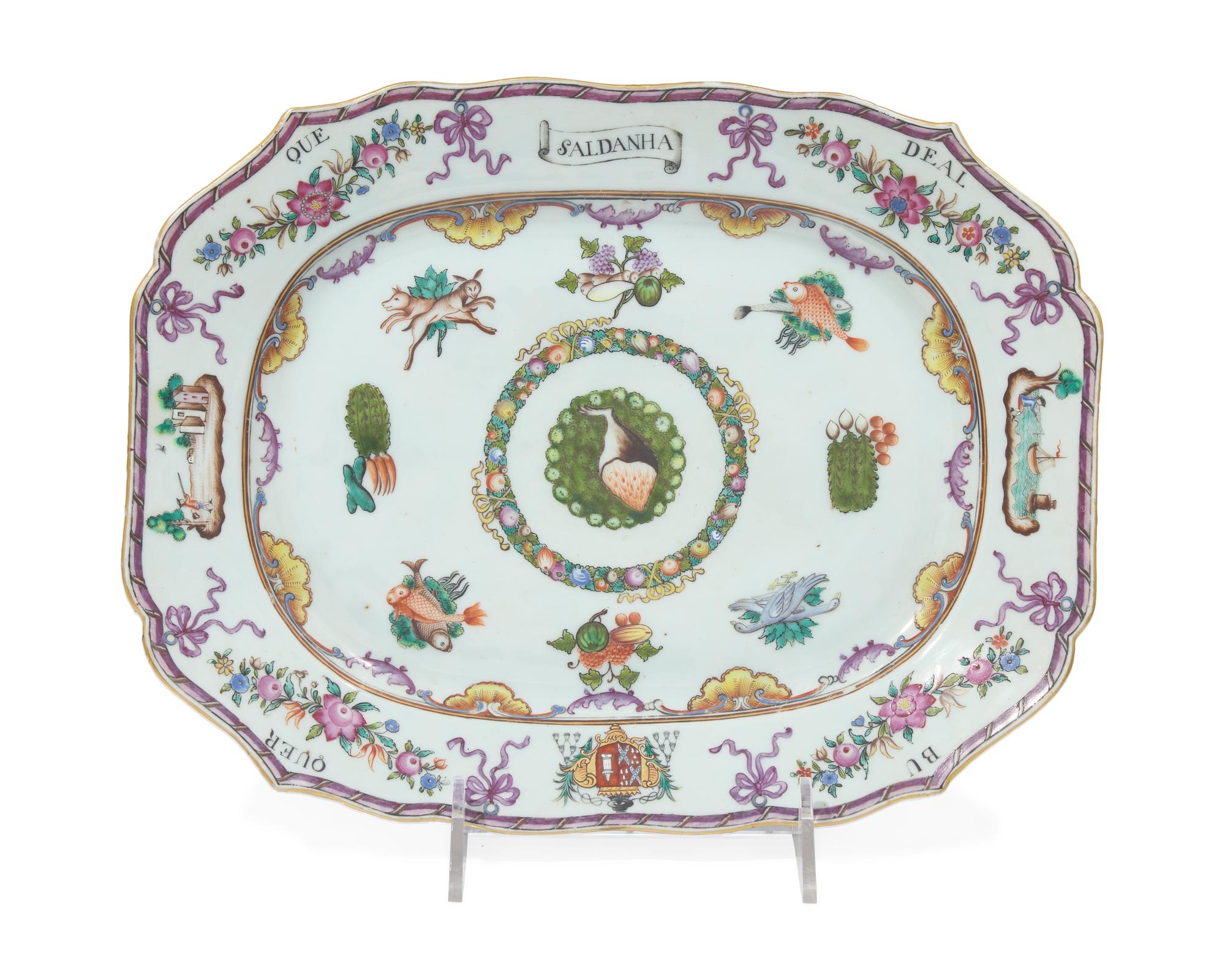 A rare and important group of nine Chinese Export porcelain tablewares from the "Saldanha Dinner Service," late 18th century