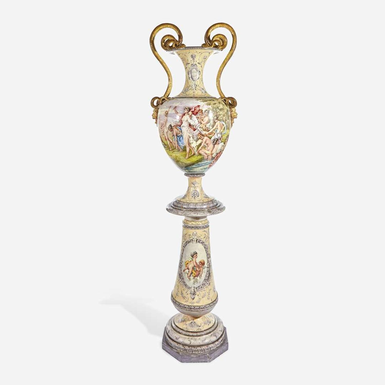 A Large Italian Majolica Twin-Handled Urn on Conforming Pedestal Probably Cantagalli, dated 1898