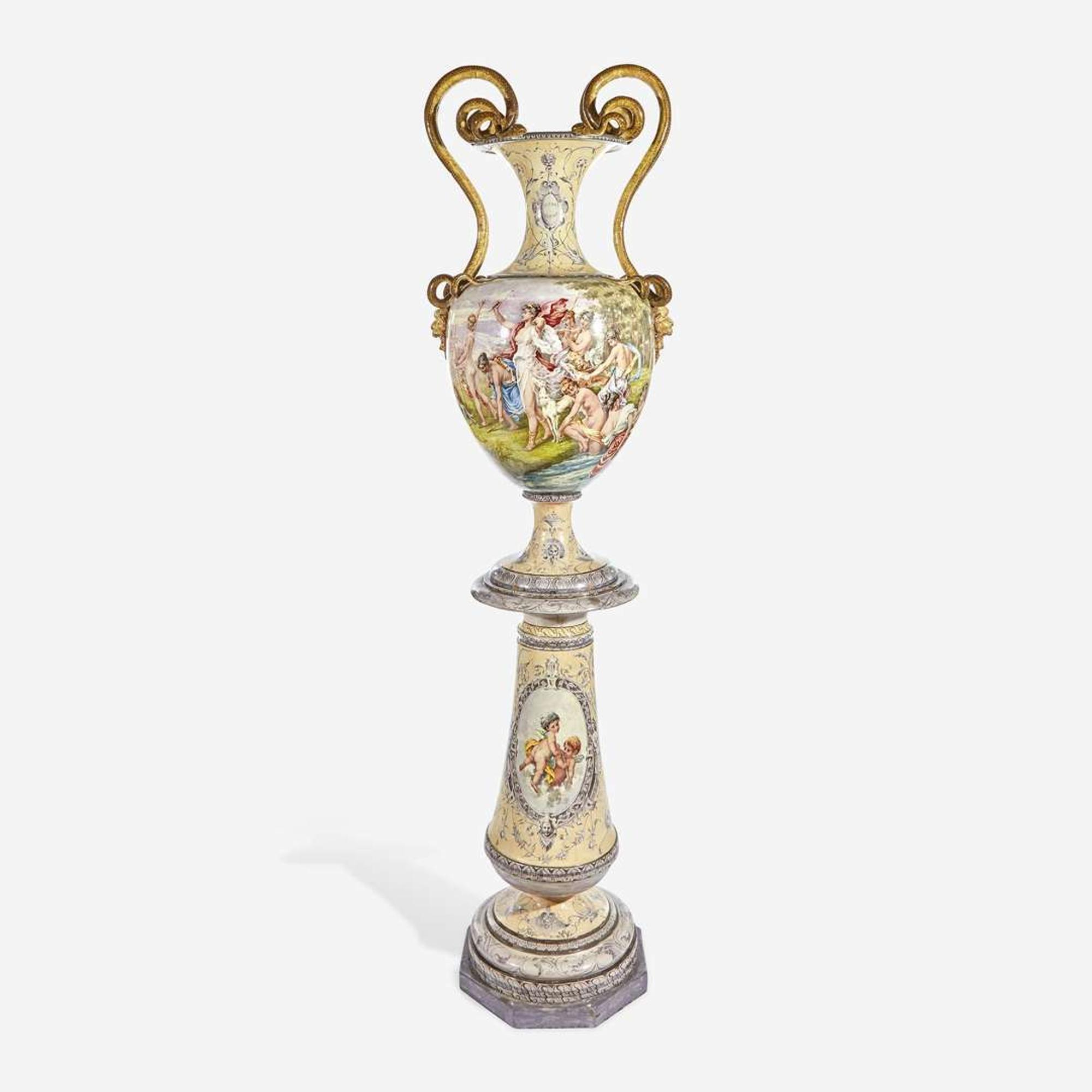 A Large Italian Majolica Twin-Handled Urn on Conforming Pedestal Probably Cantagalli, dated 1898