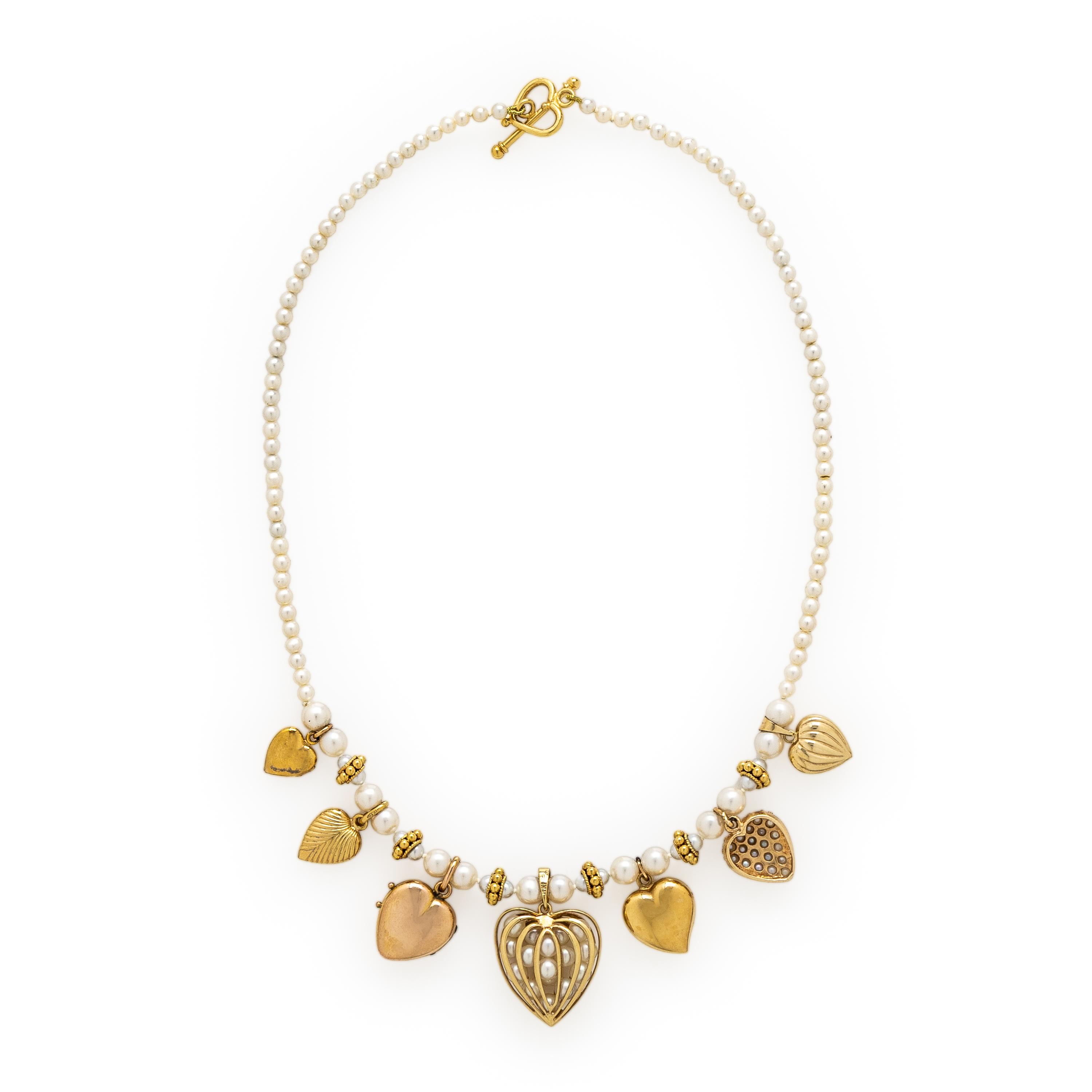 Cultured Pearl and Yellow Gold Heart Charm Necklace