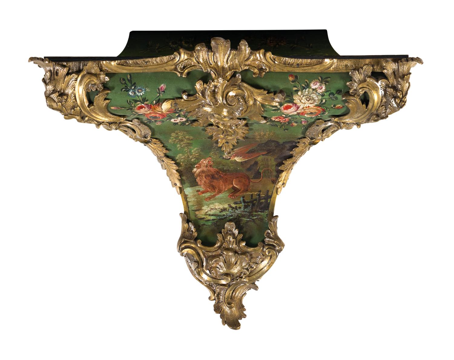 A Louis XV Gilt Bronze Mounted Painted Clock and Bracket