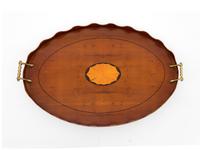 A George III Style Inlaid Fruitwood Oval Two-Handled Tray