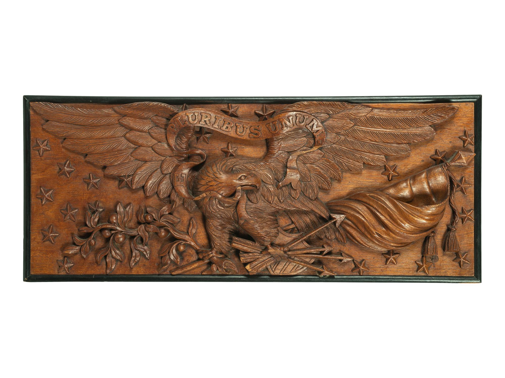 A Patriotic Eagle, Arrow, Olive Branch and Star Carved Wood Panel