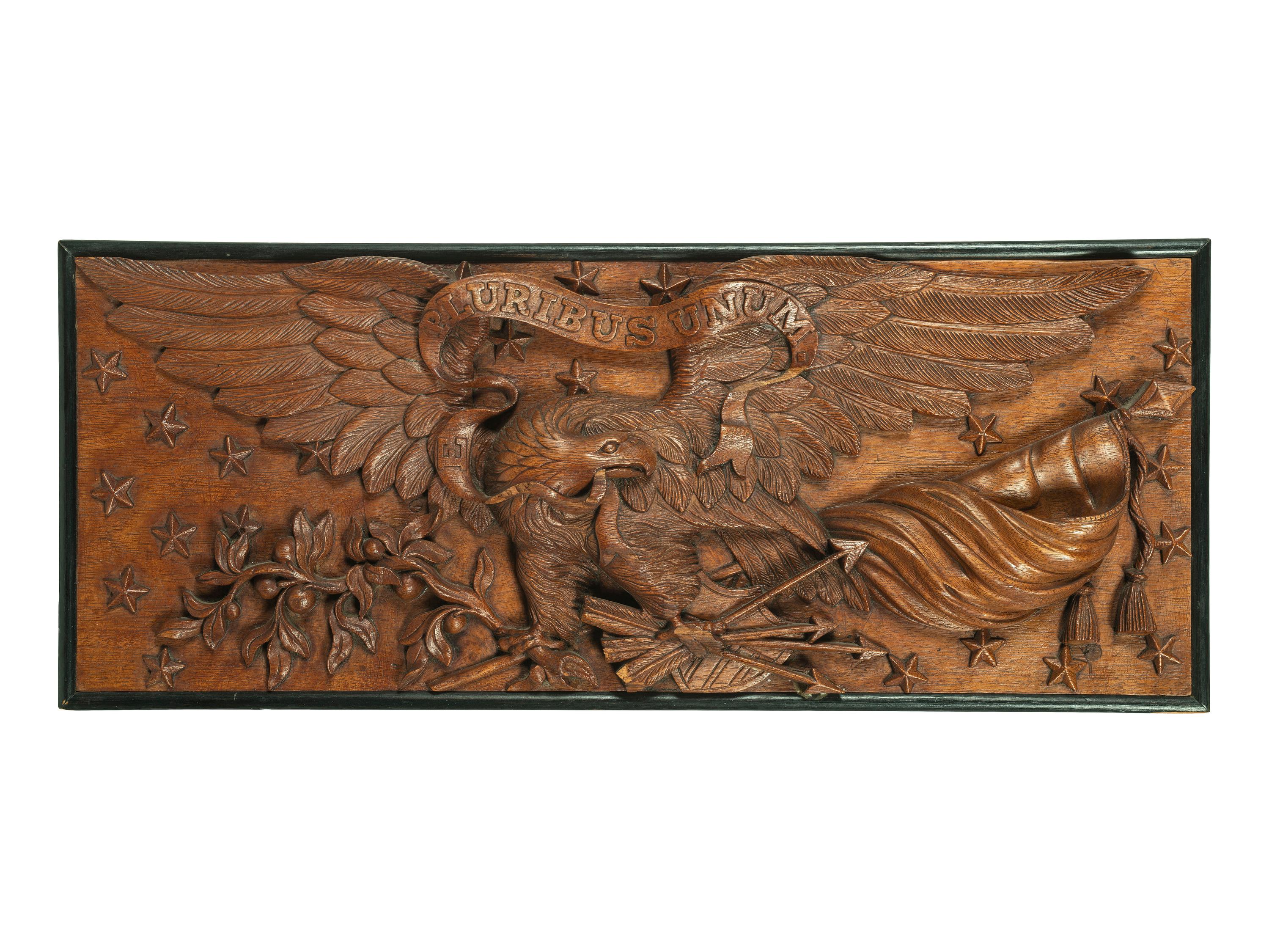 A Patriotic Eagle, Arrow, Olive Branch and Star Carved Wood Panel