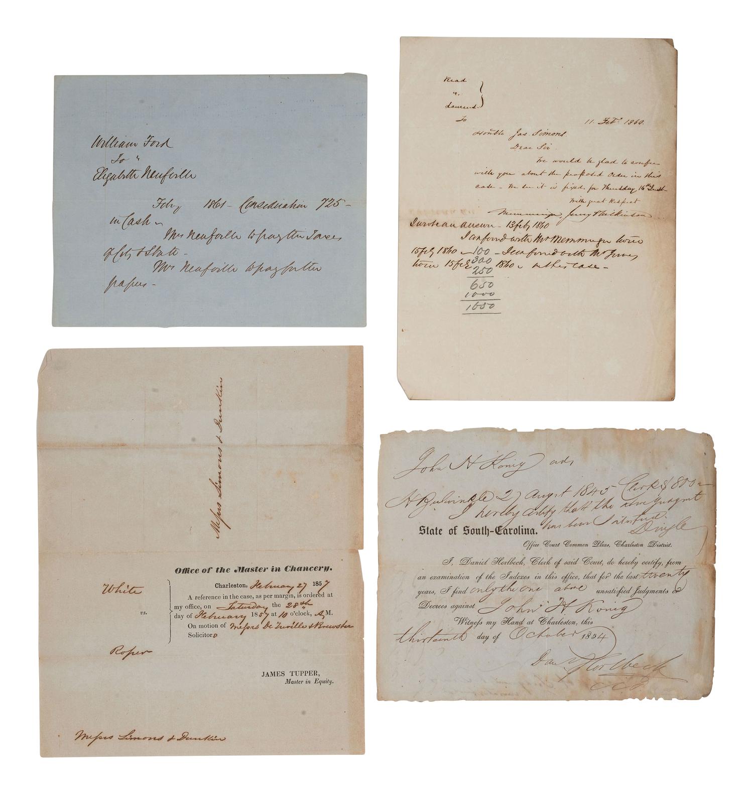 [SOUTH CAROLINA]. Group of 19th-century legal documents, including: