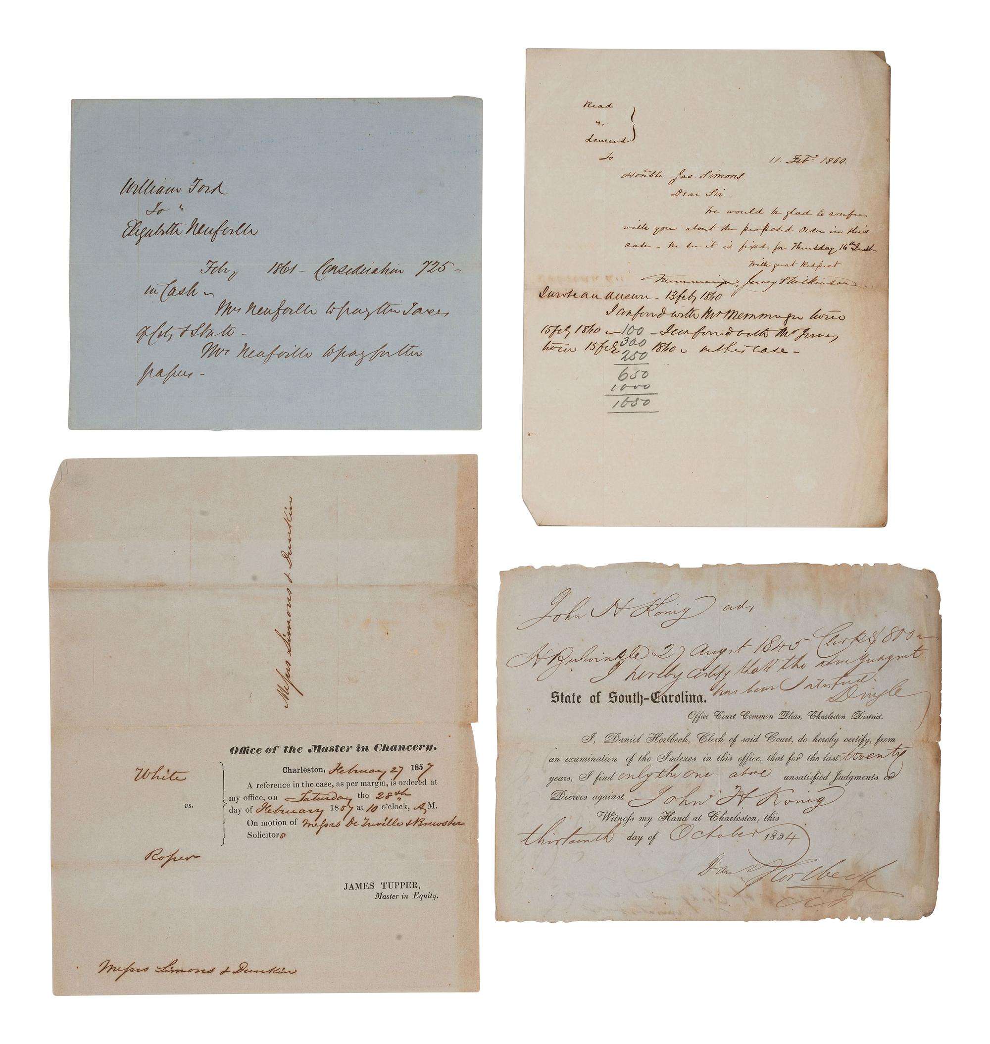 [SOUTH CAROLINA]. Group of 19th-century legal documents, including: