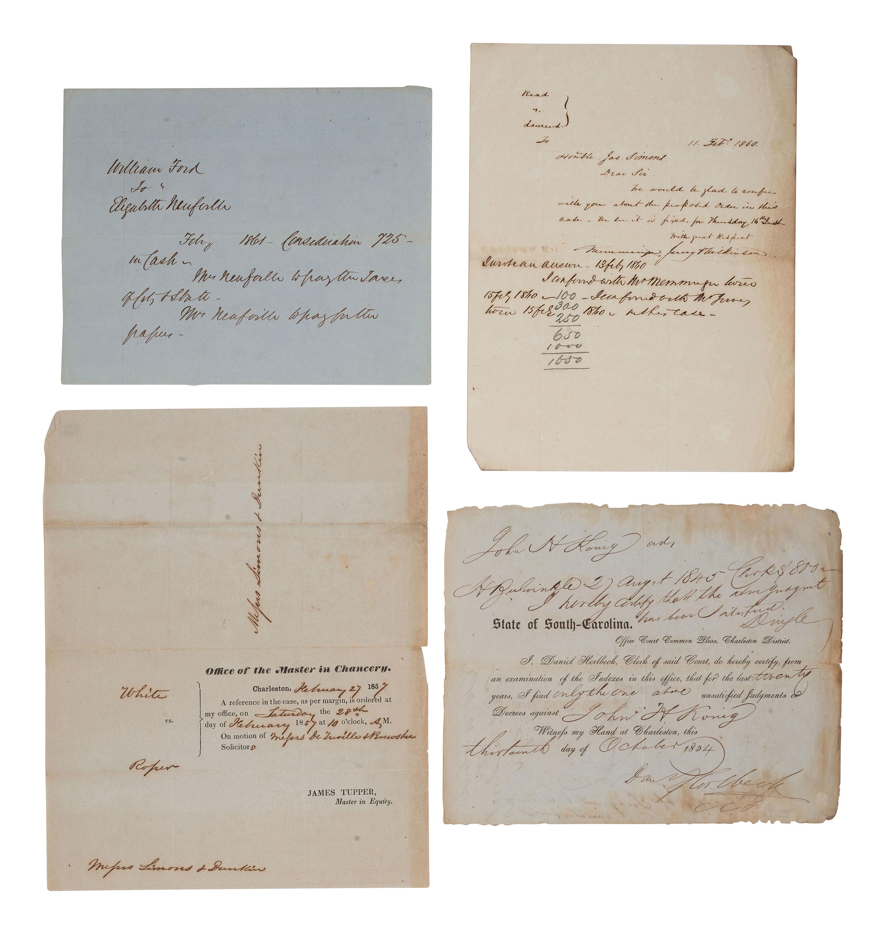 [SOUTH CAROLINA]. Group of 19th-century legal documents, including: