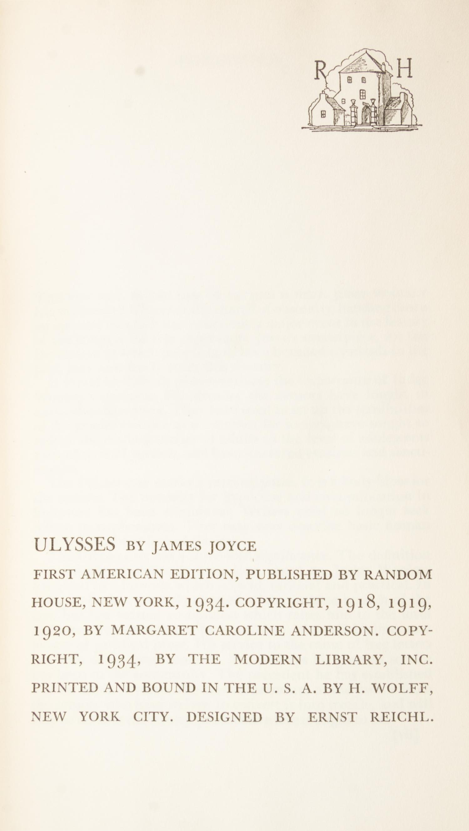 JOYCE, JAMES. Ulysses. New York, 1934. First US edition, original dust jacket.