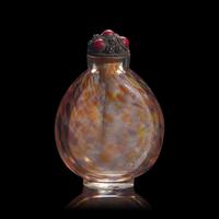 A Chinese Scarlet, Yellow and Aubergine Swirled Glass Snuff Bottle