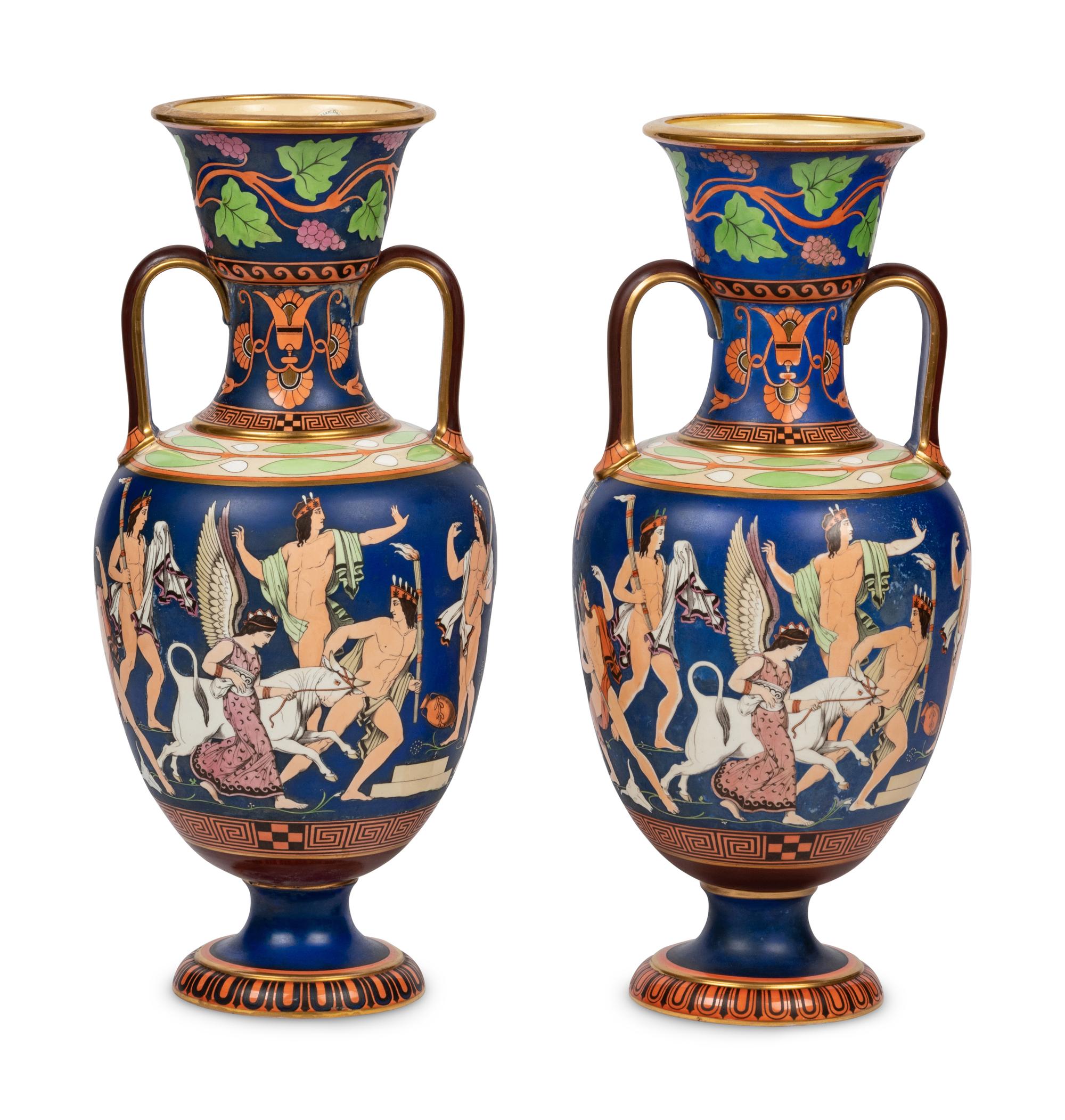 A Pair of Samuel Alcock Redware Greek Revival Twin-Handled Urns