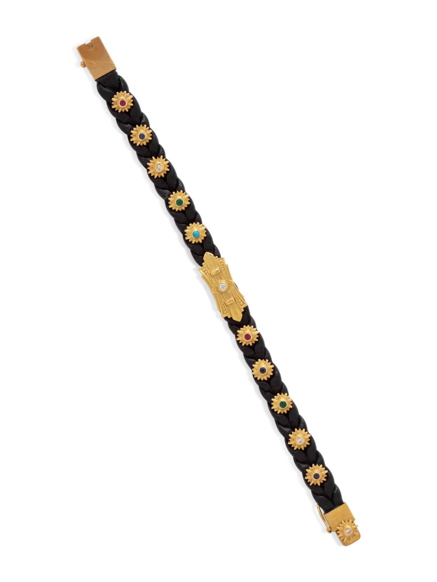 LEATHER, YELLOW GOLD, GEMSTONE AND DIAMOND BRACELET