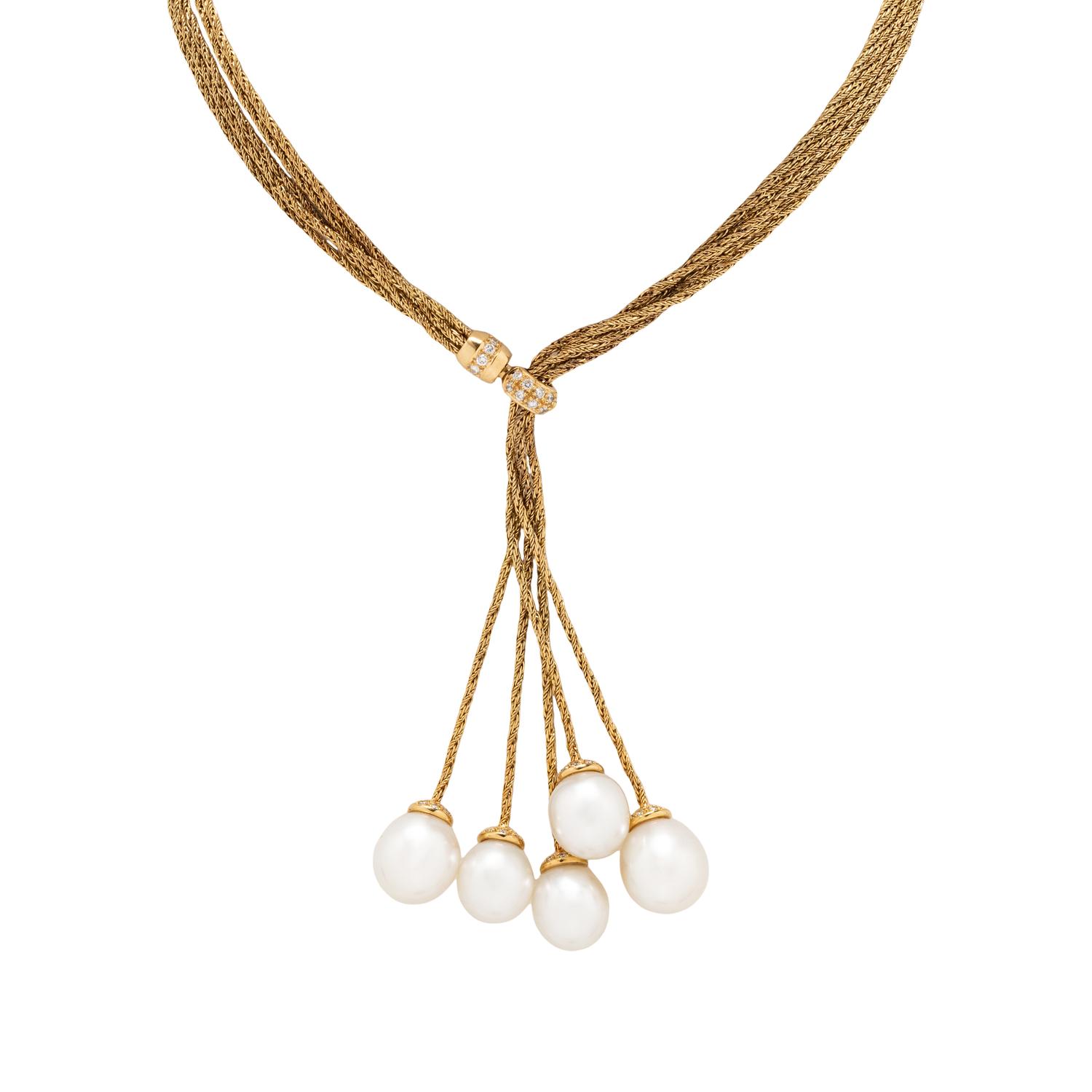 YELLOW GOLD AND CULTURED PEARL MULTISTRAND LARIAT NECKLACE