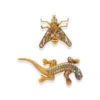 ANTIQUE, MULTIGEM AND YELLOW GOLD SALAMANDER AND BEE BROOCHES