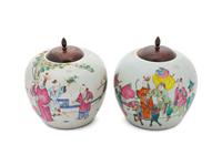 A Pair of Chinese Export Famille Rose Painted Porcelain Ginger Jars