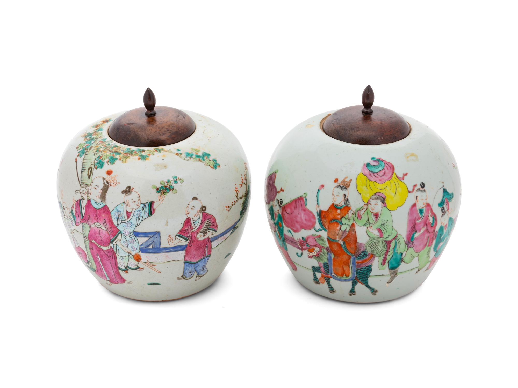 A Pair of Chinese Export Famille Rose Painted Porcelain Ginger Jars