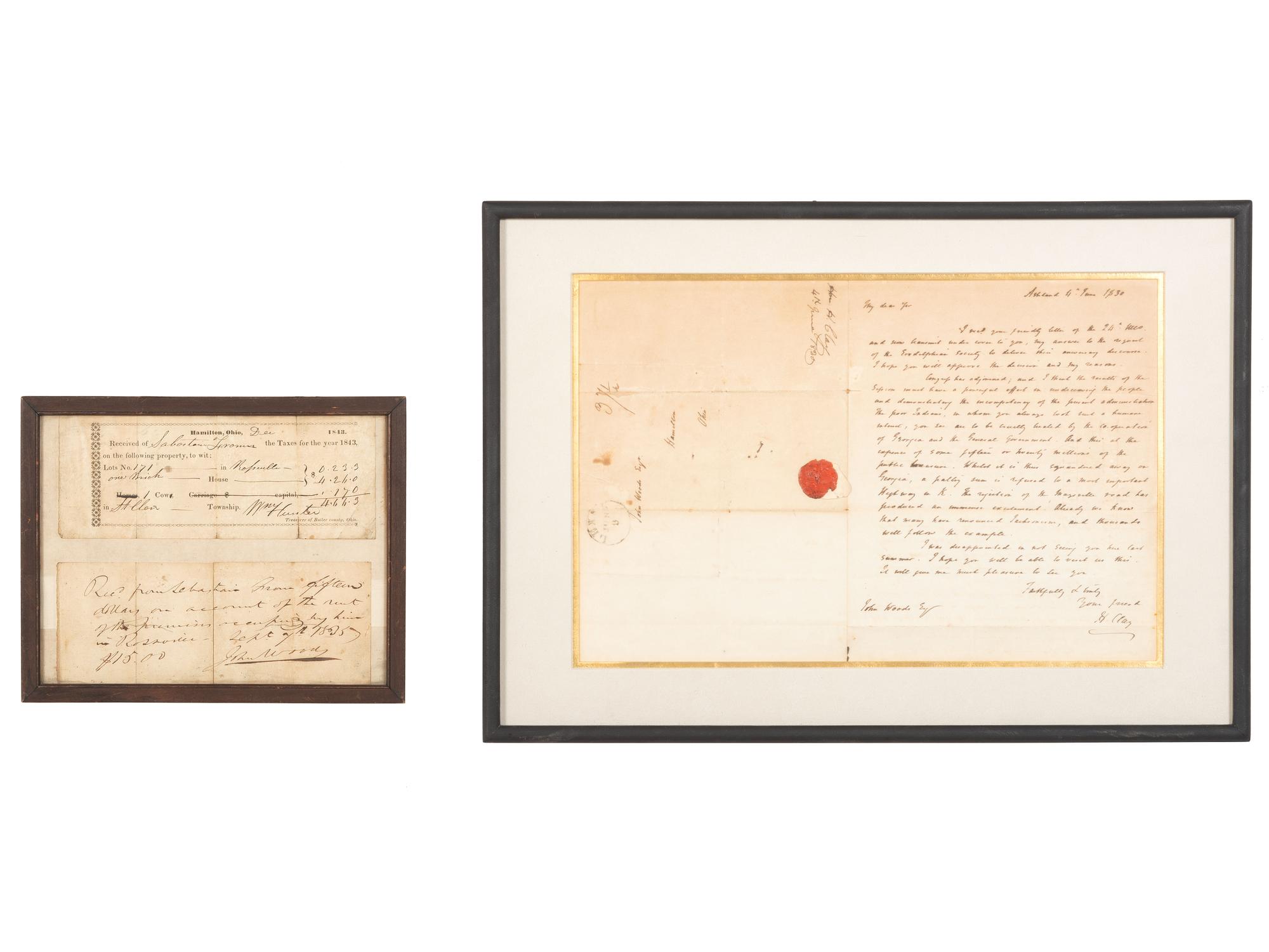 [POLITICS - INDIAN REMOVAL]. CLAY, Henry (1777-1852). Autograph letter signed ("H. Clay") to John Woods of Hamilton, Ohio. Ashland [Kentucky]. 4 June 1830.