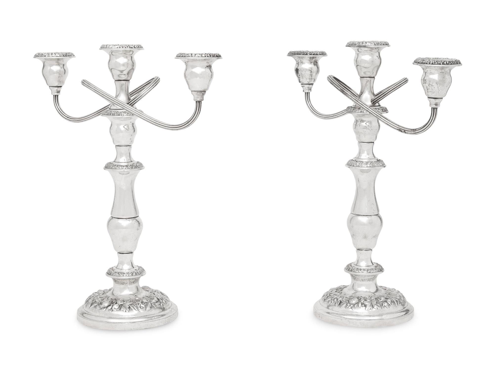 A Pair of American Silver Repoussé Three-Light Candelabra