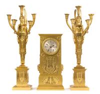 An Empire Style Gilt Bronze Clock Garniture Height of clock 18 inches. — 19TH/20TH CENTURY