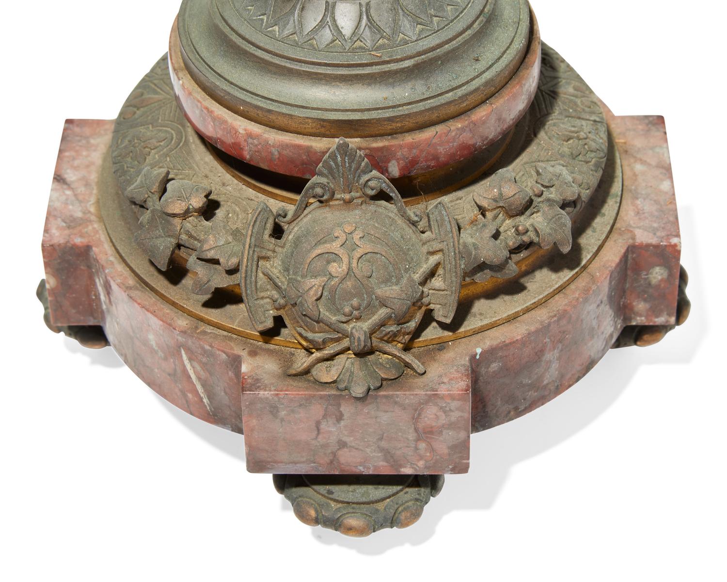 A Pair of Renaissance Revival Gilt and Patinated Bronze and Marble Urns