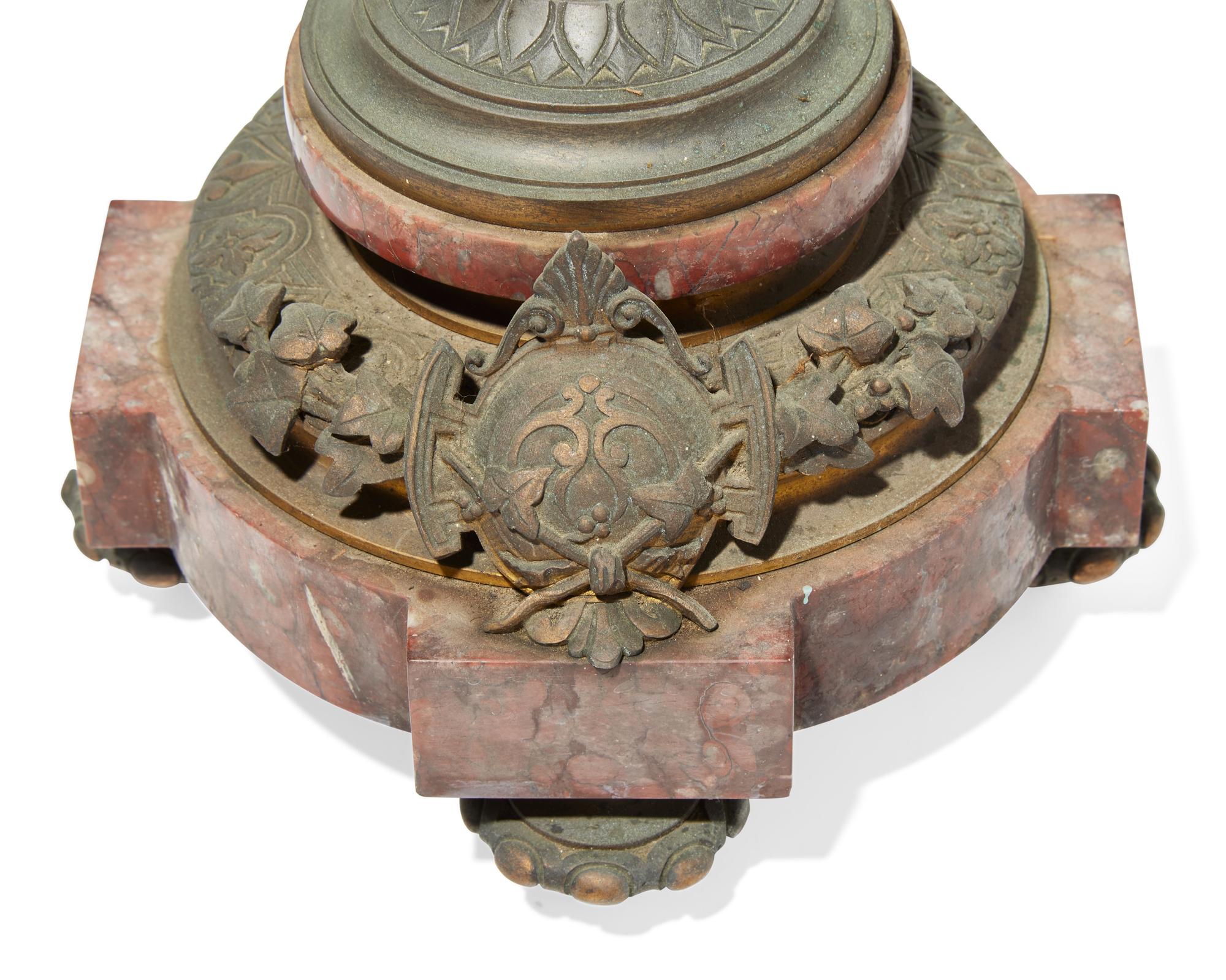 A Pair of Renaissance Revival Gilt and Patinated Bronze and Marble Urns