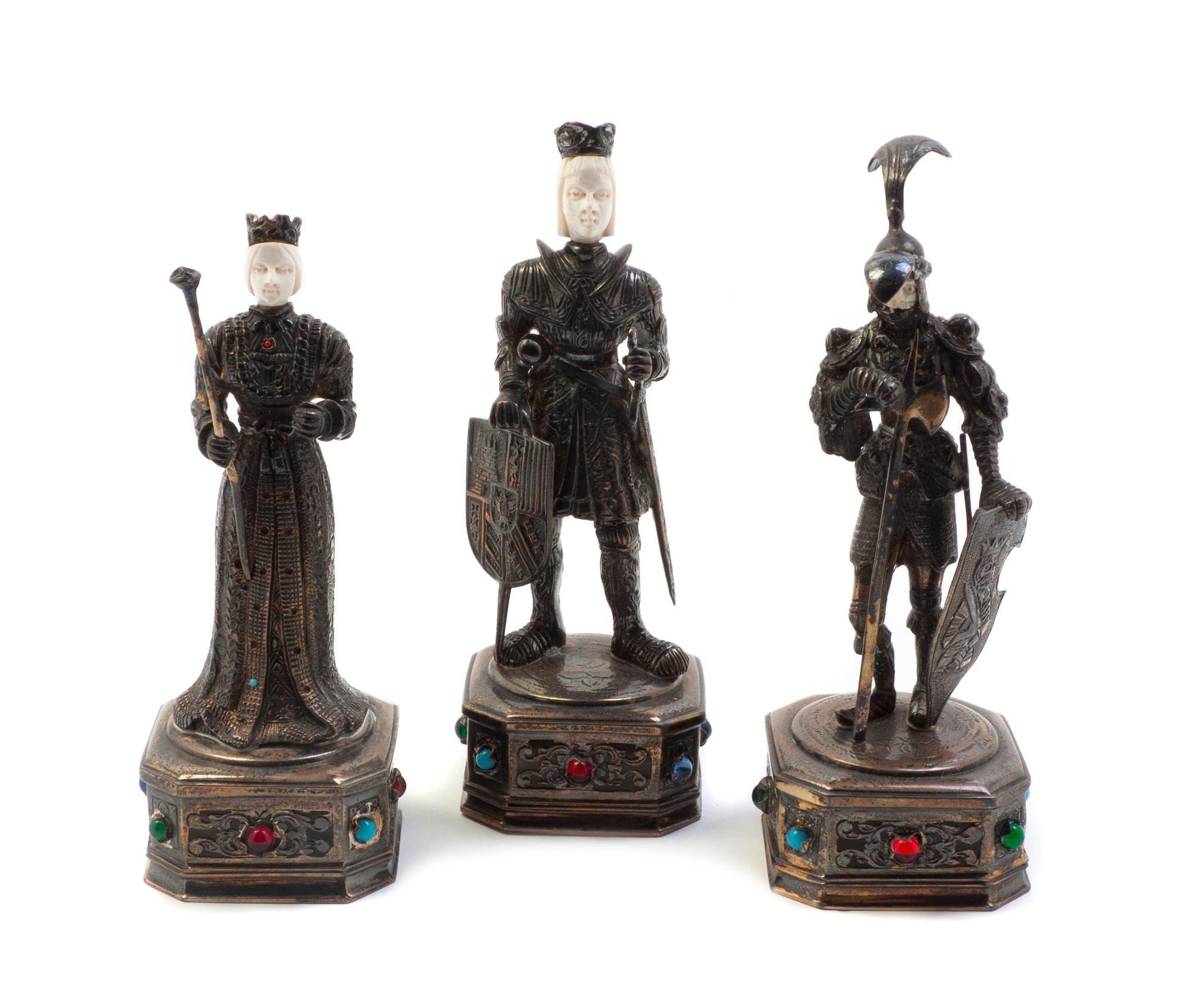 A Set of Three German Silver, Composite and Semi-Precious Stone Inset Figures, Height of first 4 7/8 inches.