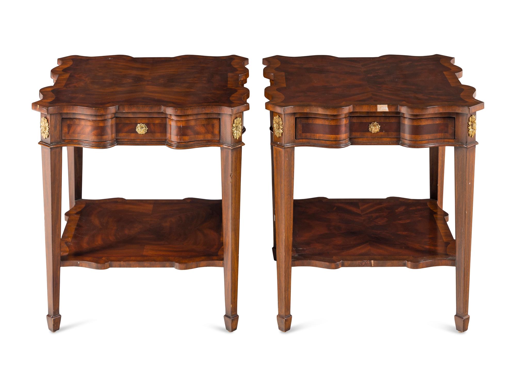 A Pair of Louis XVI Style Gilt Bronze Mounted Walnut Side Tables