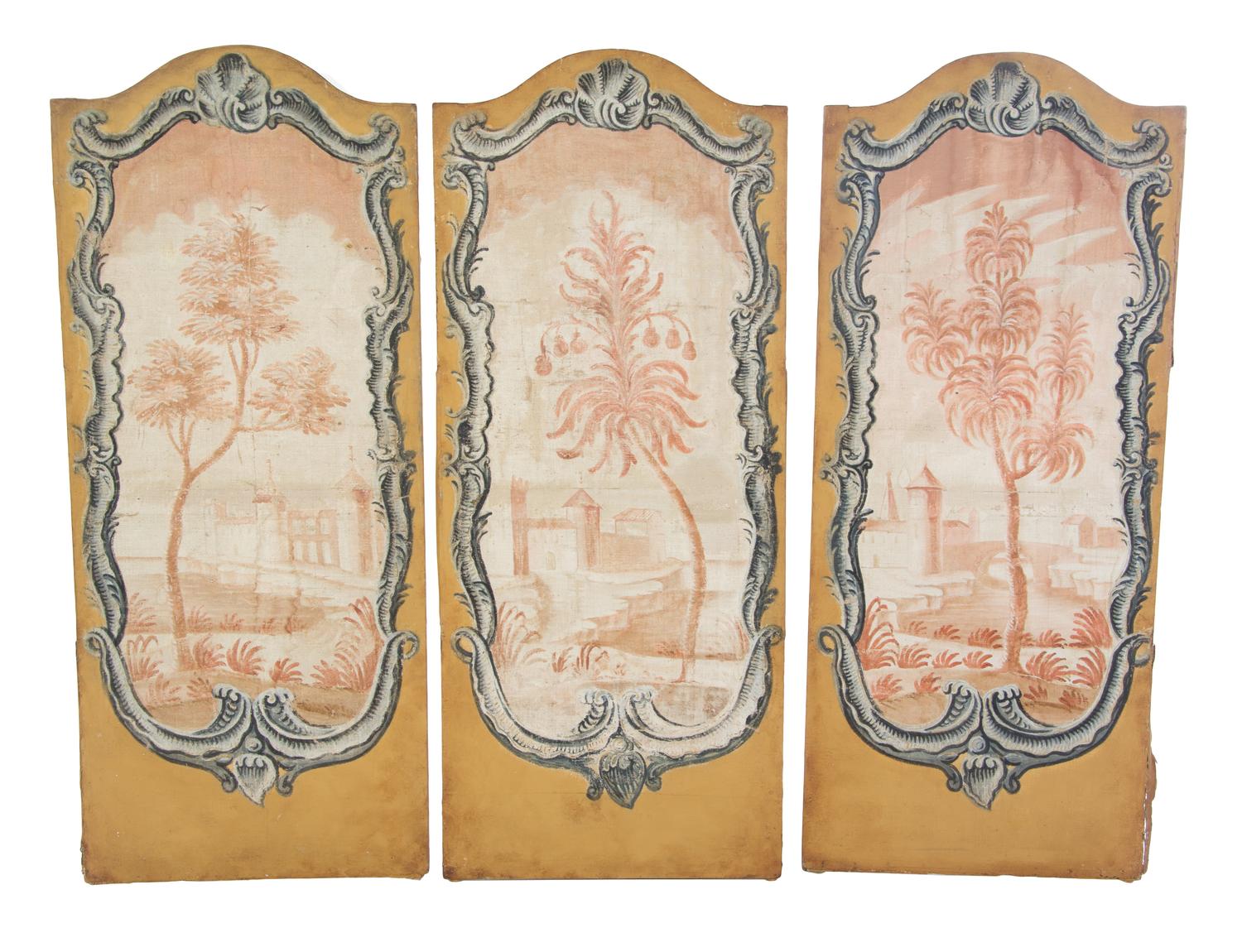 A Set of Three Continental Painted Canvas Panels, 19TH CENTURY, Height 61 3/4 x width 25 6/8 inches (each panel). — 19TH CENTURY,