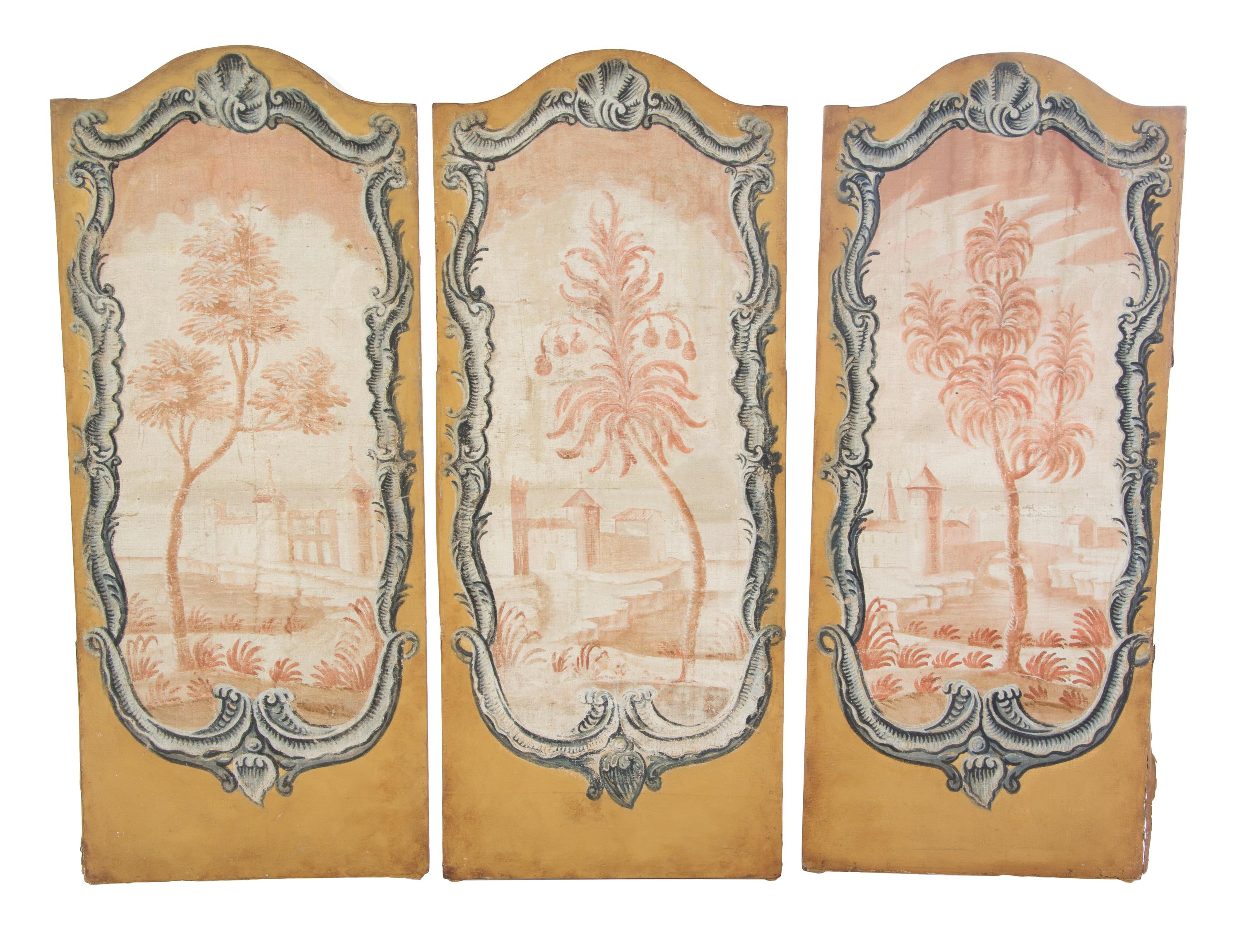 A Set of Three Continental Painted Canvas Panels, 19TH CENTURY, Height 61 3/4 x width 25 6/8 inches (each panel). — 19TH CENTURY,