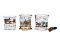 Three Porcelain Occupational Shaving Mugs Depicting Horse-Drawn Delivery Wagons
