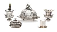 A Group of Four Silver Table Articles, Peter Acquisto, comprising two wine coolers with an associated wine bottle and silver liners aft