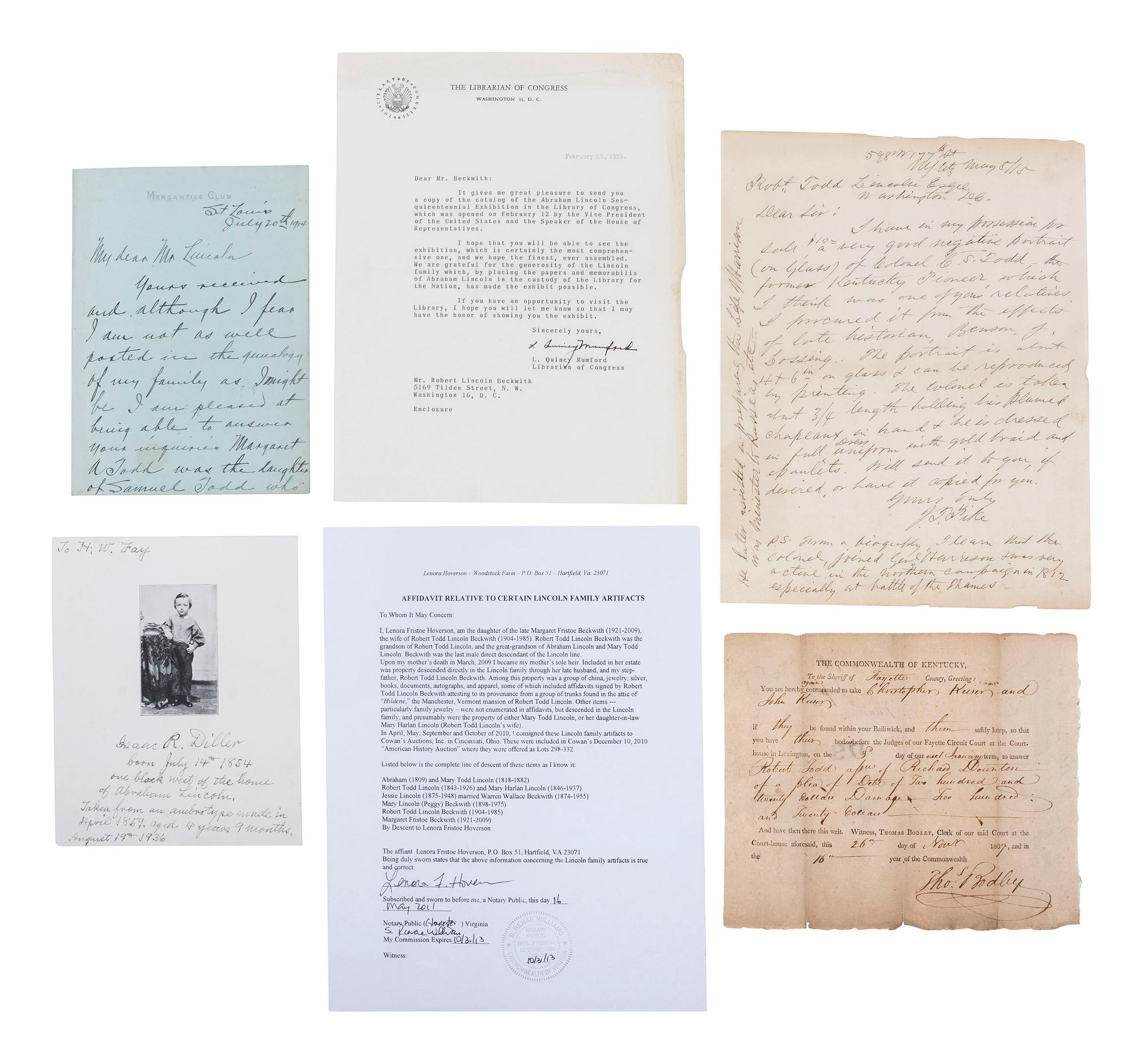 [LINCOLN, Abraham (1809-1865)]. A group of items related to Abraham Lincoln, Mary Todd Lincoln, and their families, comprising:
