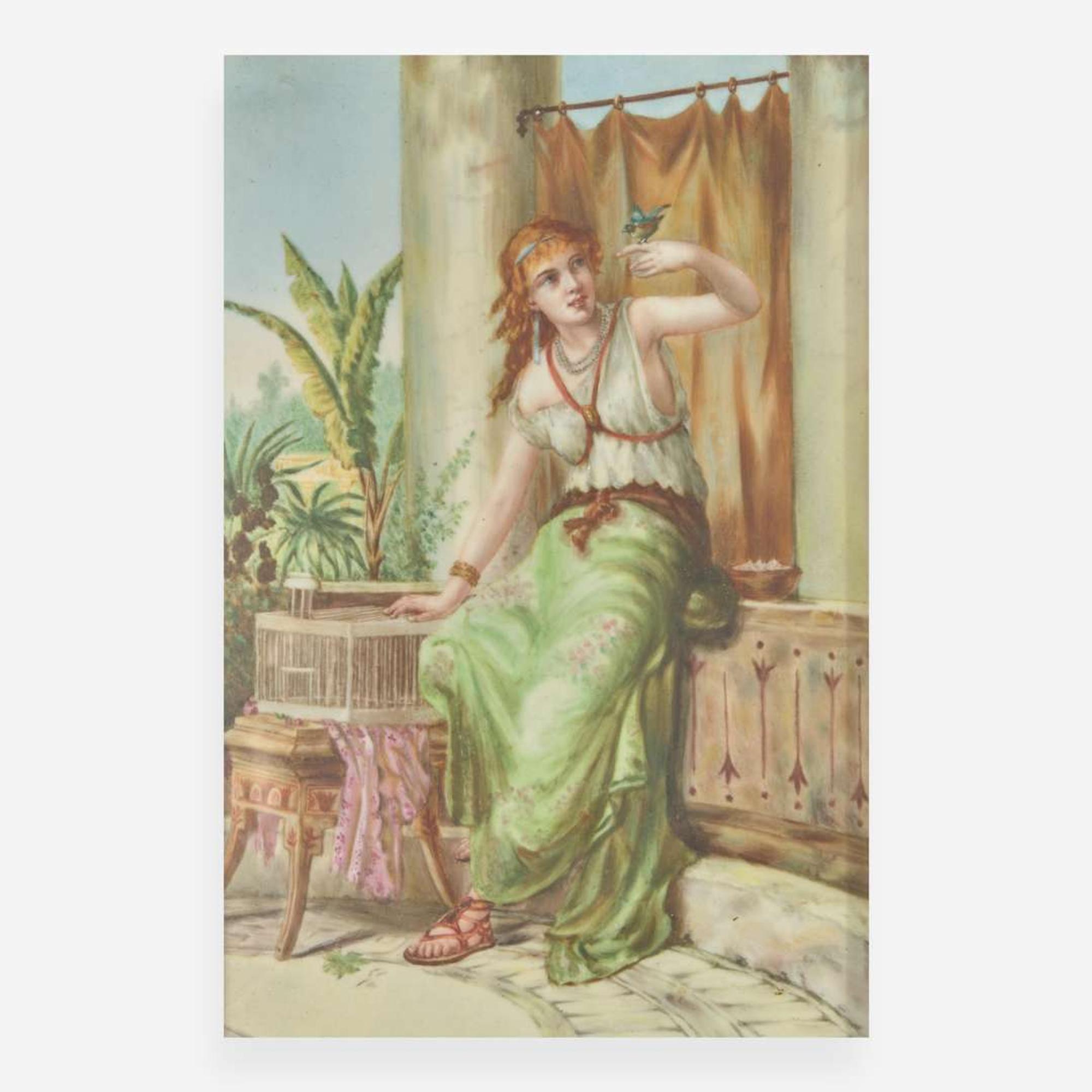 A KPM style painted porcelain plaque depicting a lady with bird in a Classical setting late 19th century
