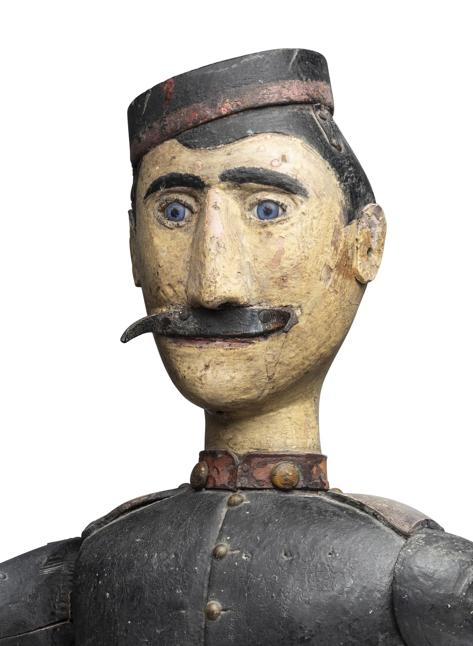 A Carved and Painted Wood Marching Band Cymbal Player Whirligig