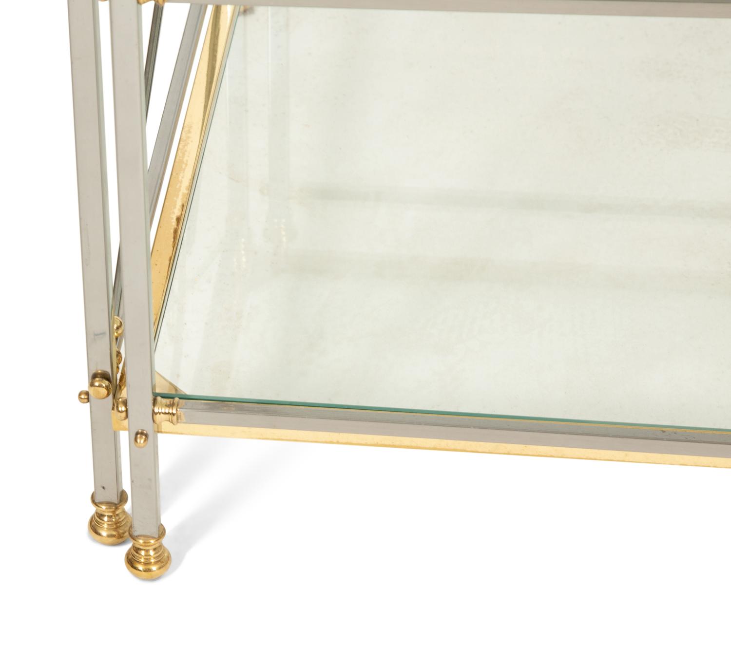 A Neoclassical Style Brass and Chromed Steel Glass-Top Coffee Table