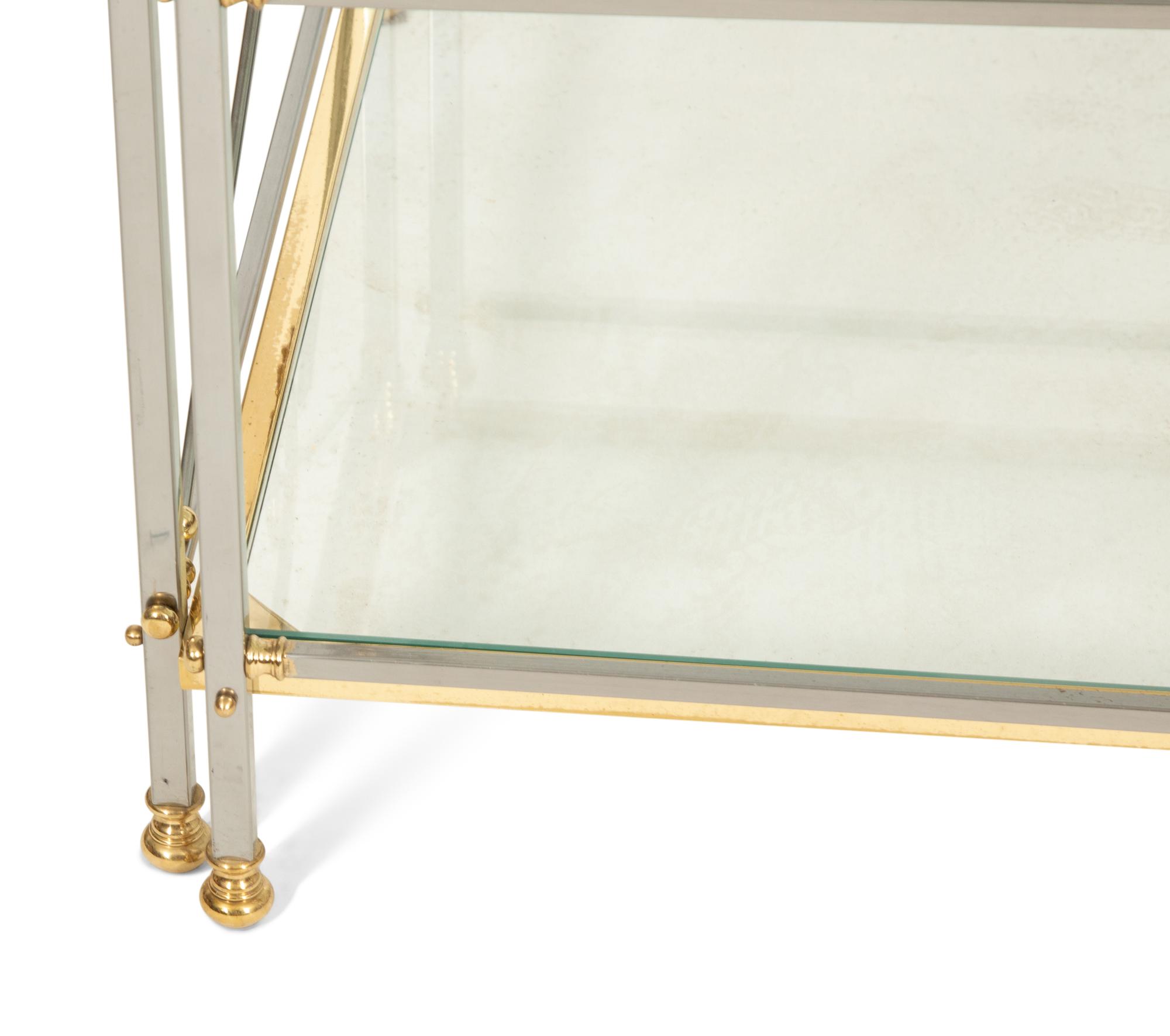 A Neoclassical Style Brass and Chromed Steel Glass-Top Coffee Table