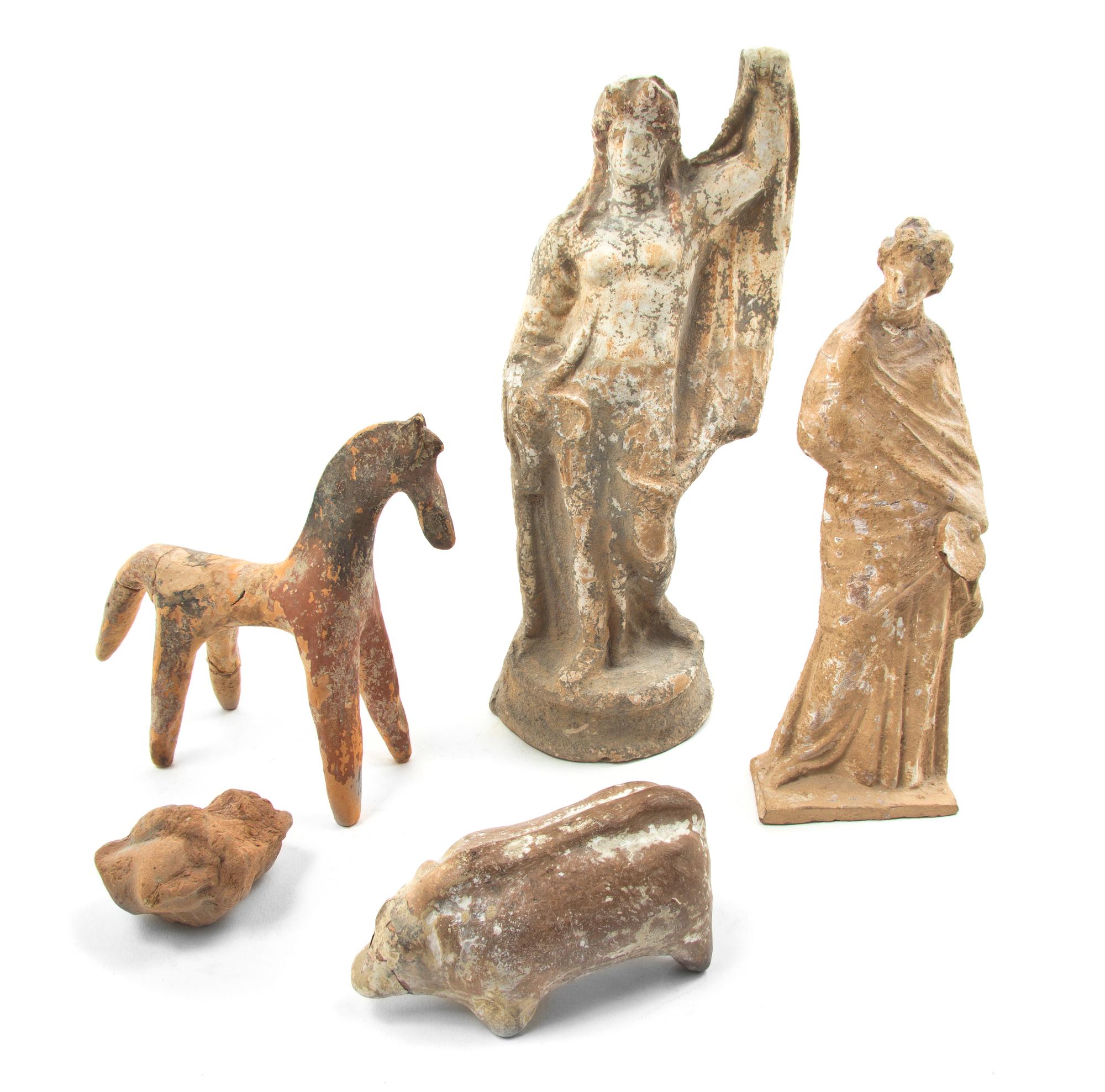 Five Antiquity Terracotta Articles, Height of tallest 8 1/8 inches.