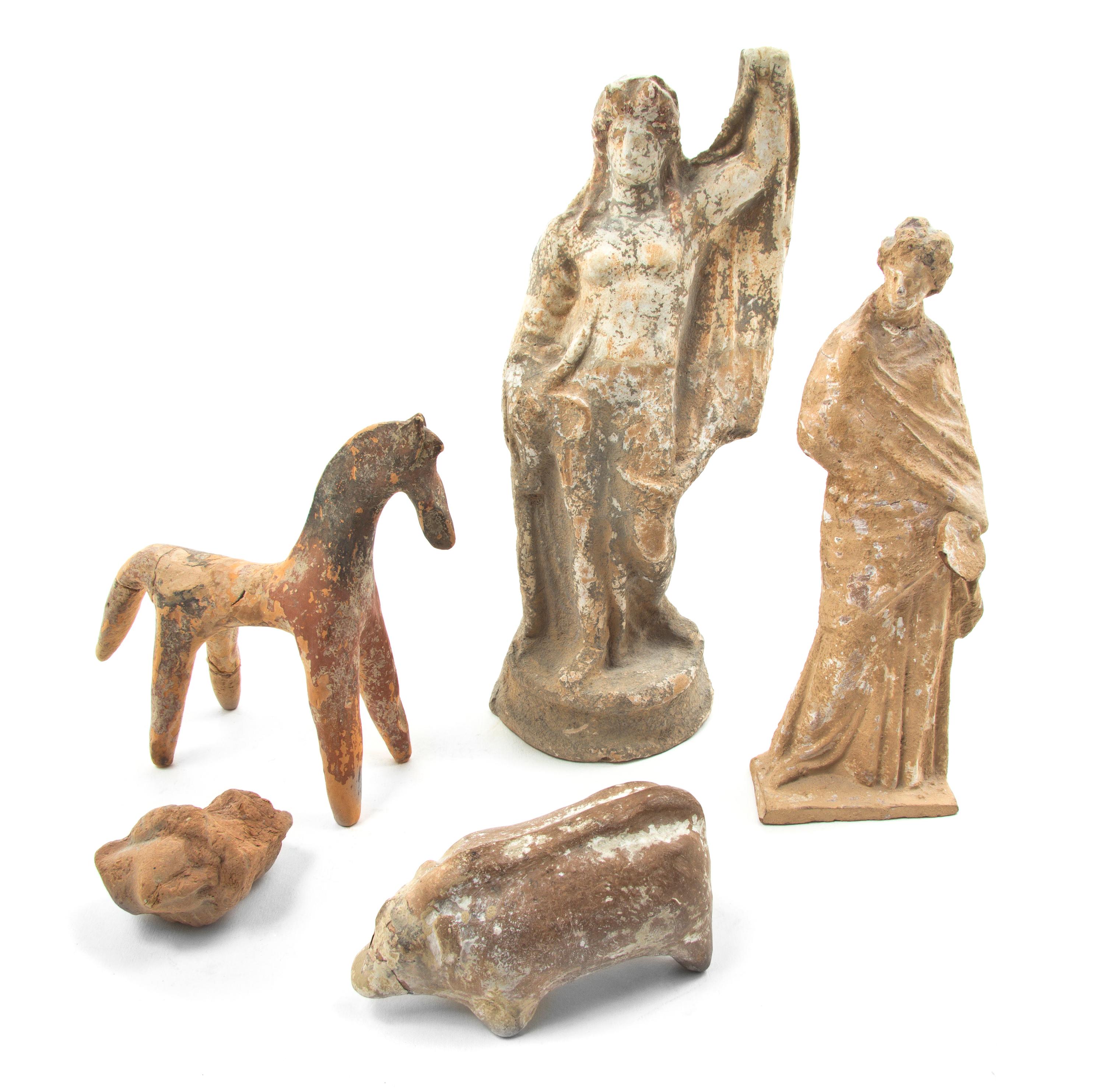 Five Antiquity Terracotta Articles, Height of tallest 8 1/8 inches.