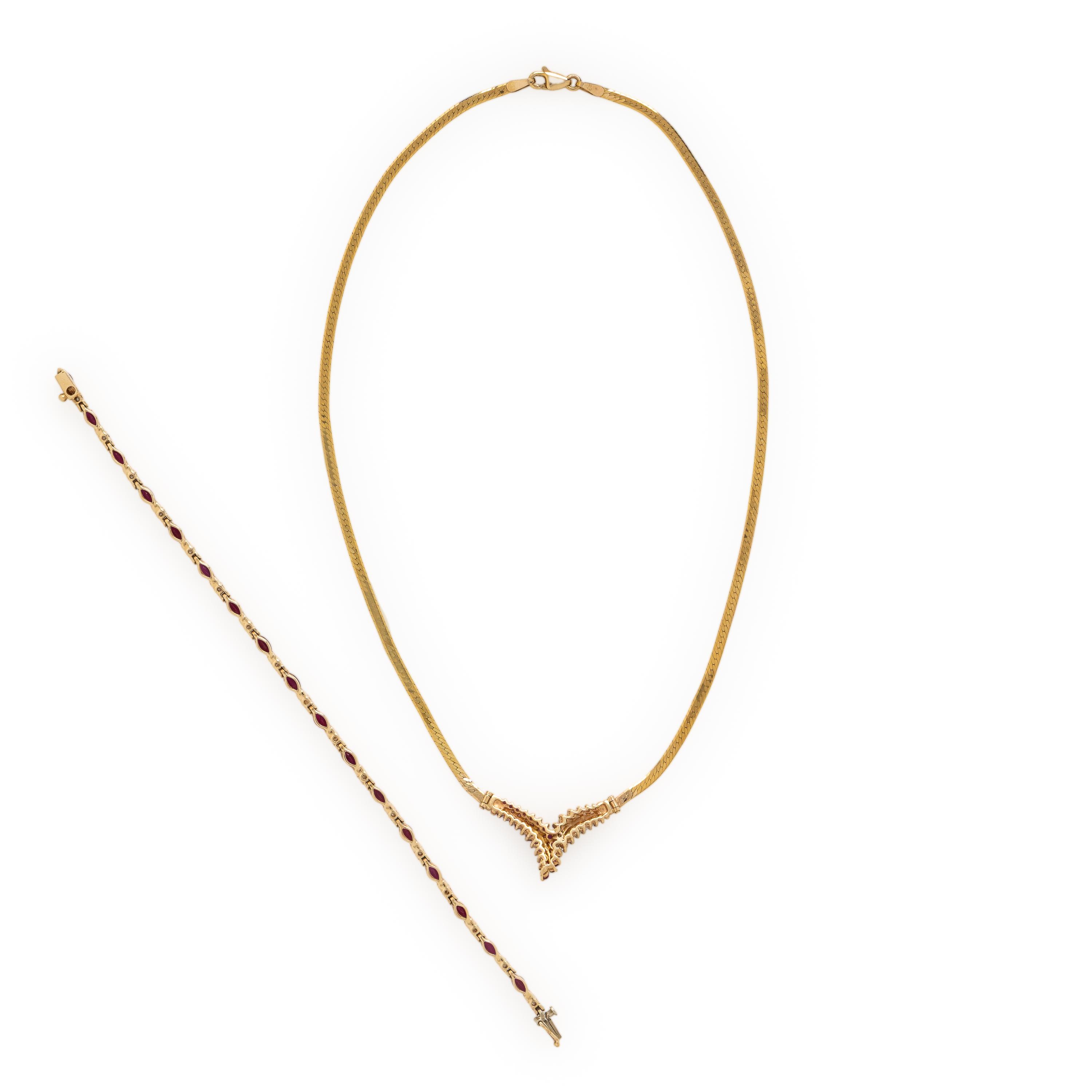 Ruby, Diamond, and Yellow Gold Necklace and Bracelet
